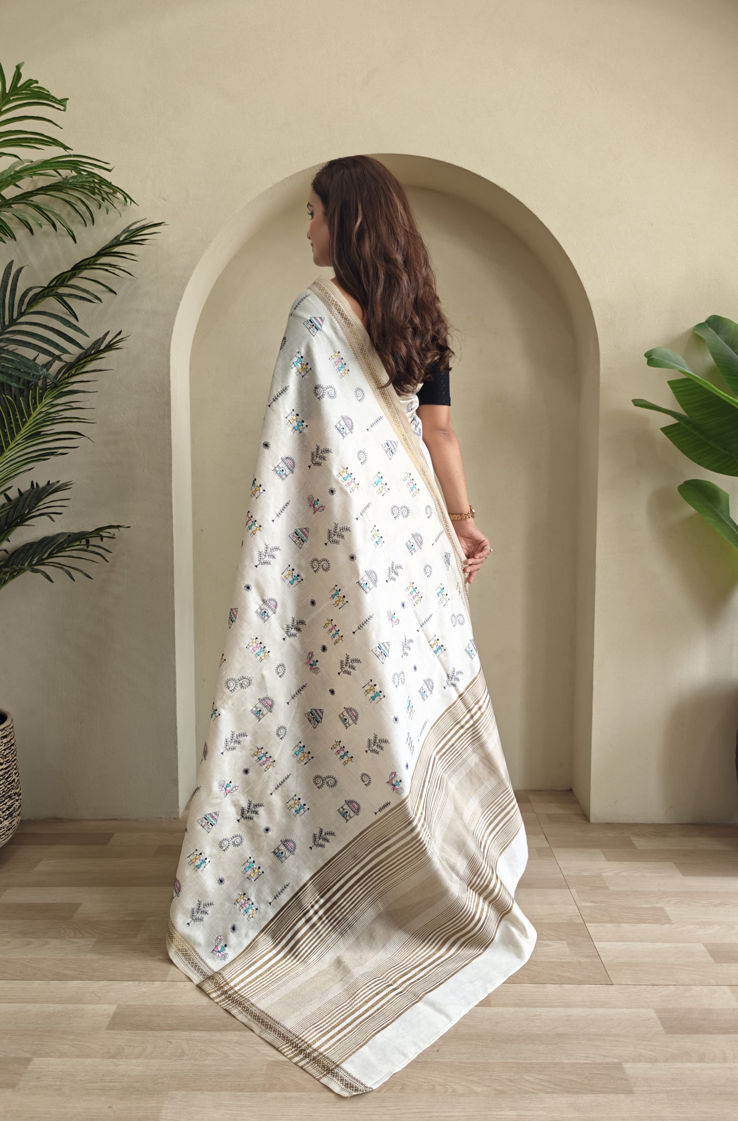 FABLOZ Pure Loom Worli Embroidery Pattern Zari Border and Zari Woven Sari with Unstitched Blouse
