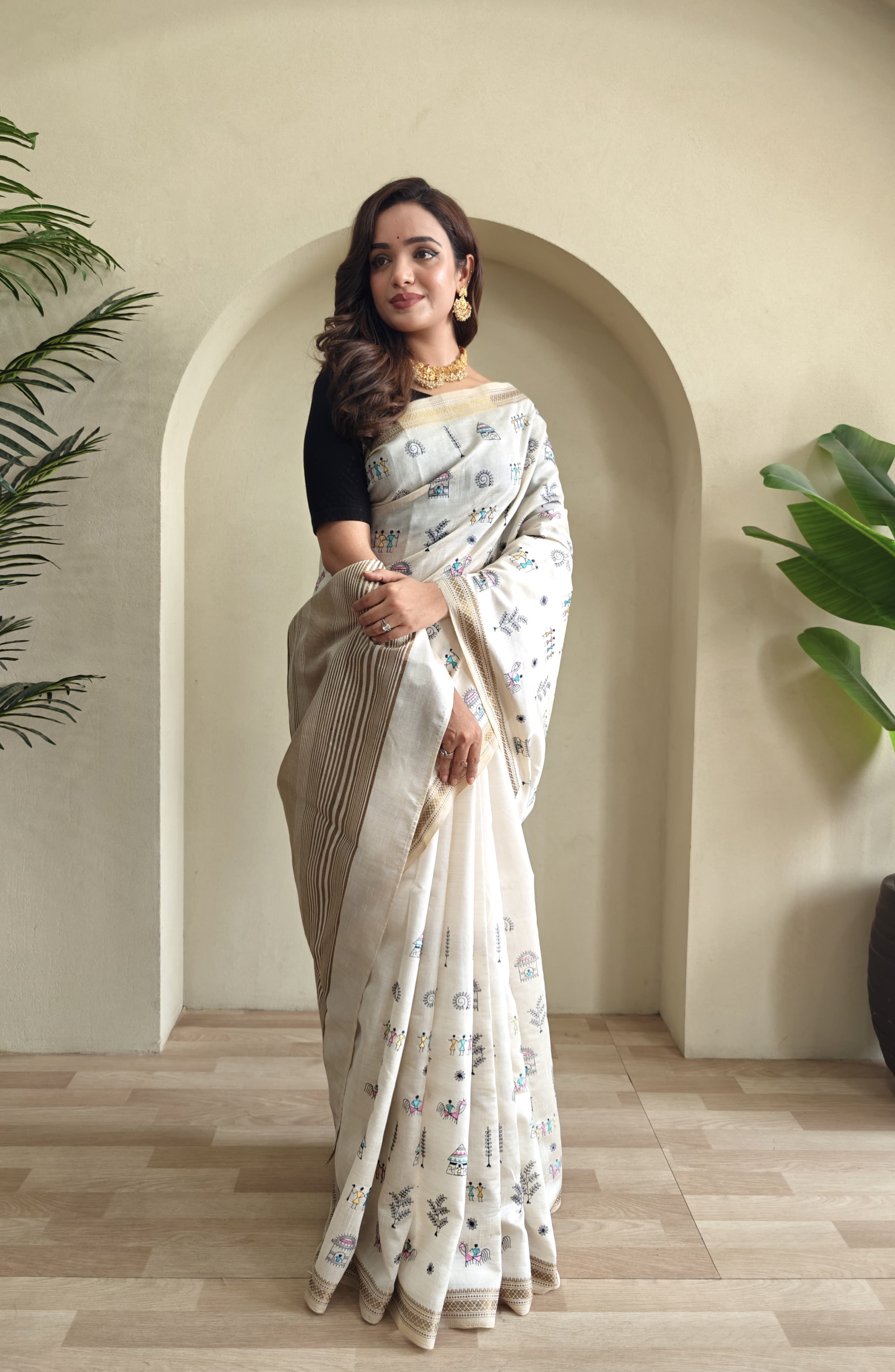 FABLOZ Pure Loom Worli Embroidery Pattern Zari Border and Zari Woven Sari with Unstitched Blouse