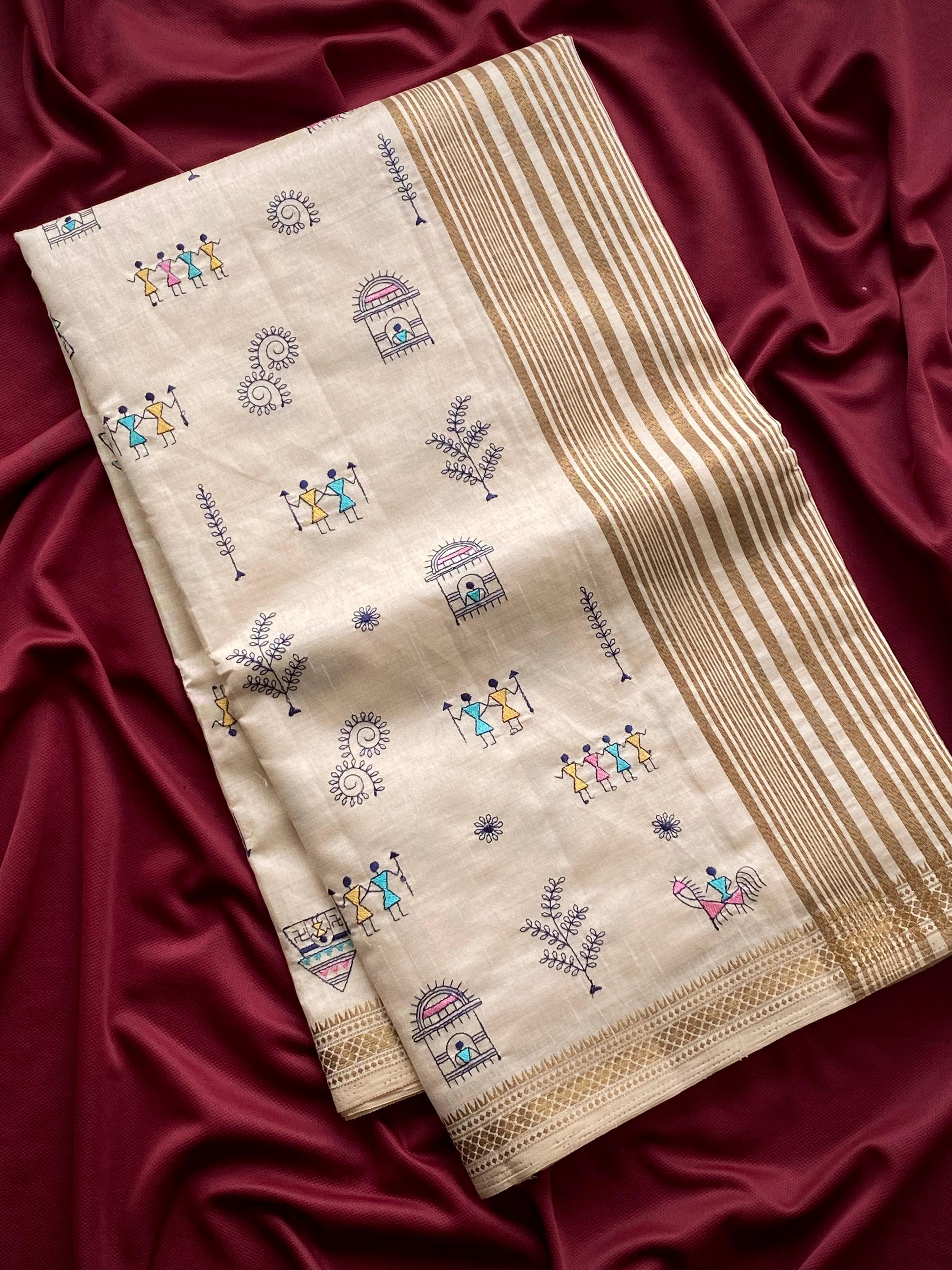FABLOZ Pure Loom Worli Embroidery Pattern Zari Border and Zari Woven Sari with Unstitched Blouse