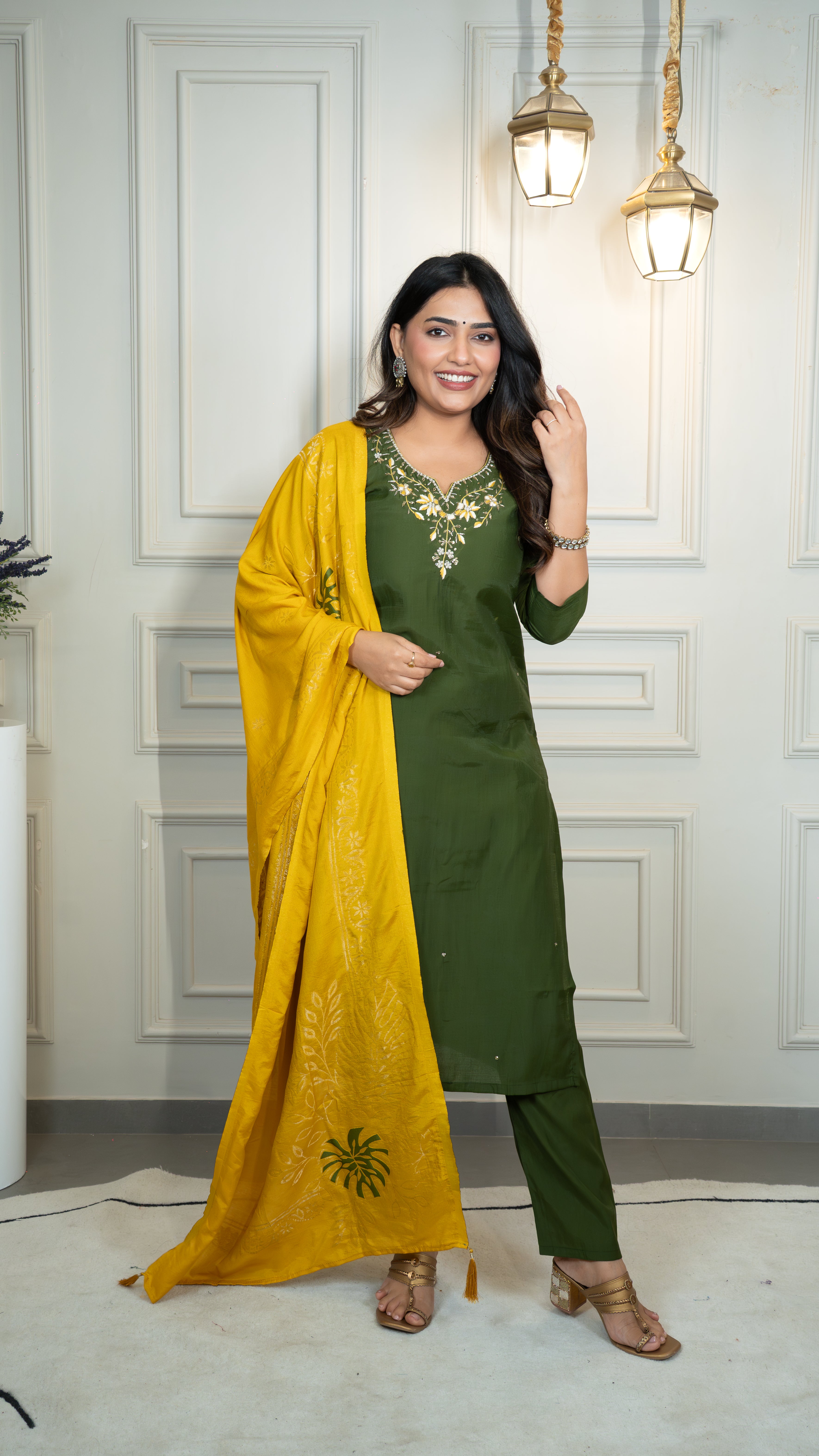FABLOZ Elegant Roman Silk Mehndi Suit Set with Mustard Dupatta & Embroidered Neckline