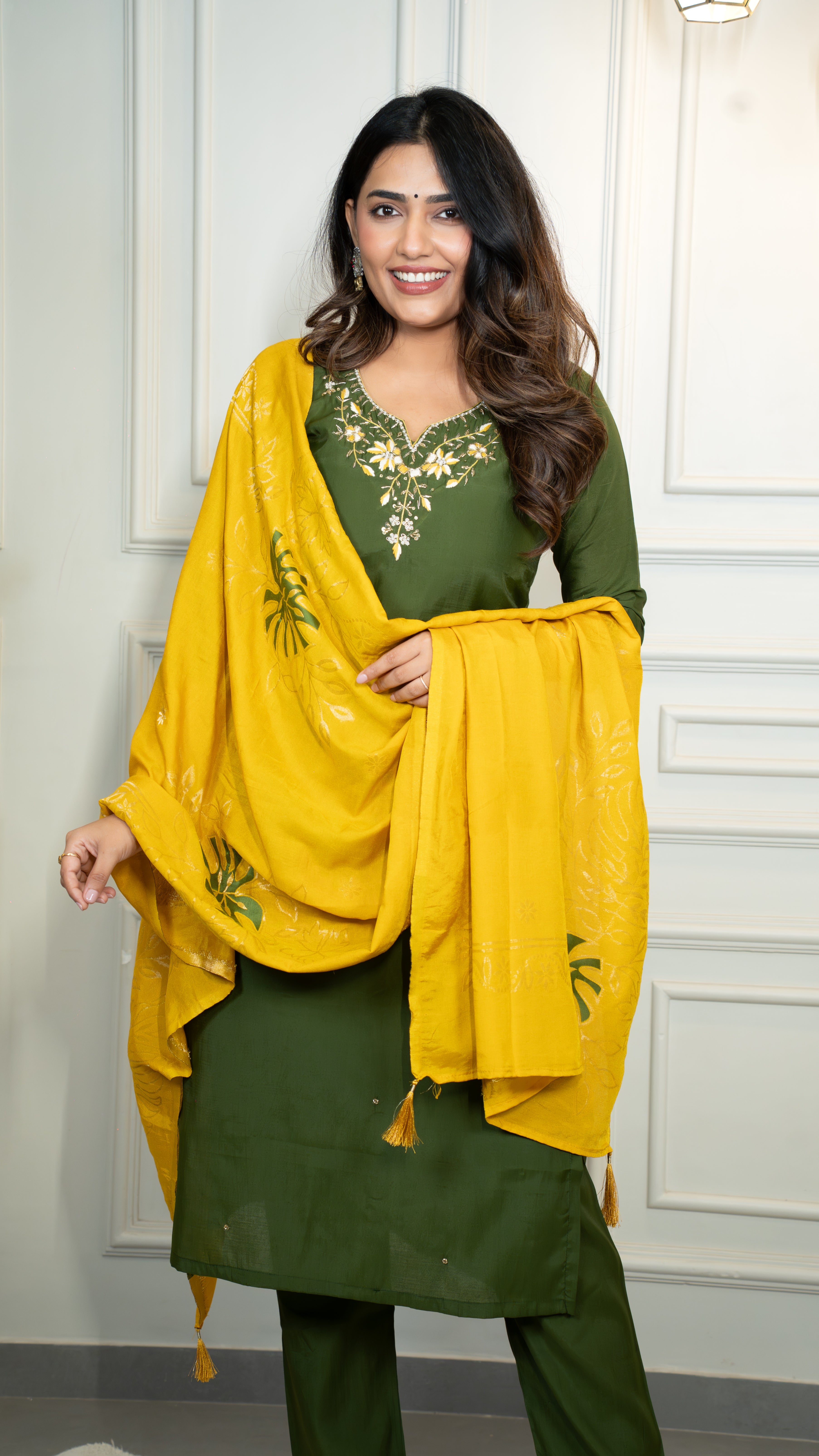 FABLOZ Elegant Roman Silk Mehndi Suit Set with Mustard Dupatta & Embroidered Neckline
