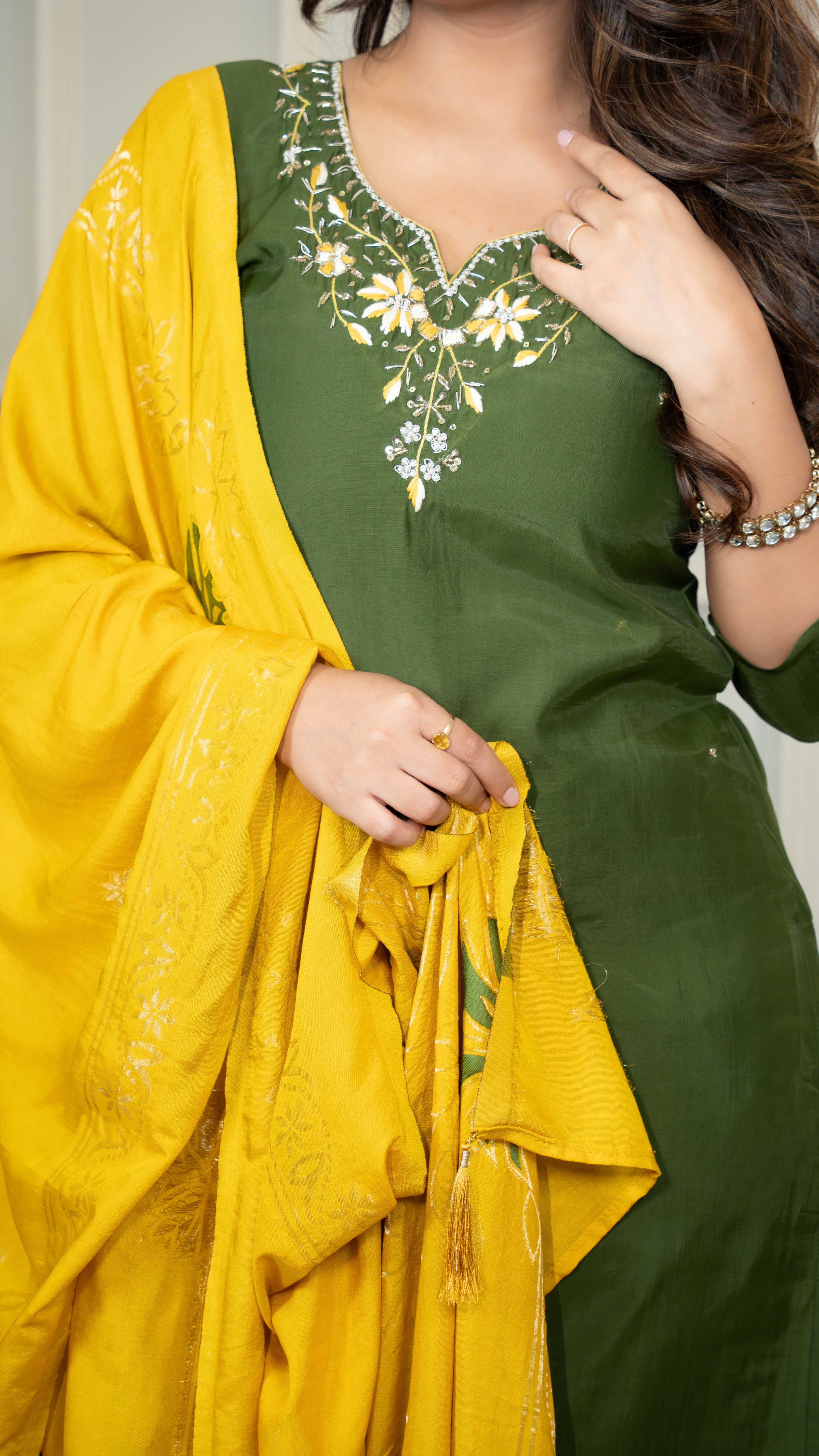 FABLOZ Elegant Roman Silk Mehndi Suit Set with Mustard Dupatta & Embroidered Neckline