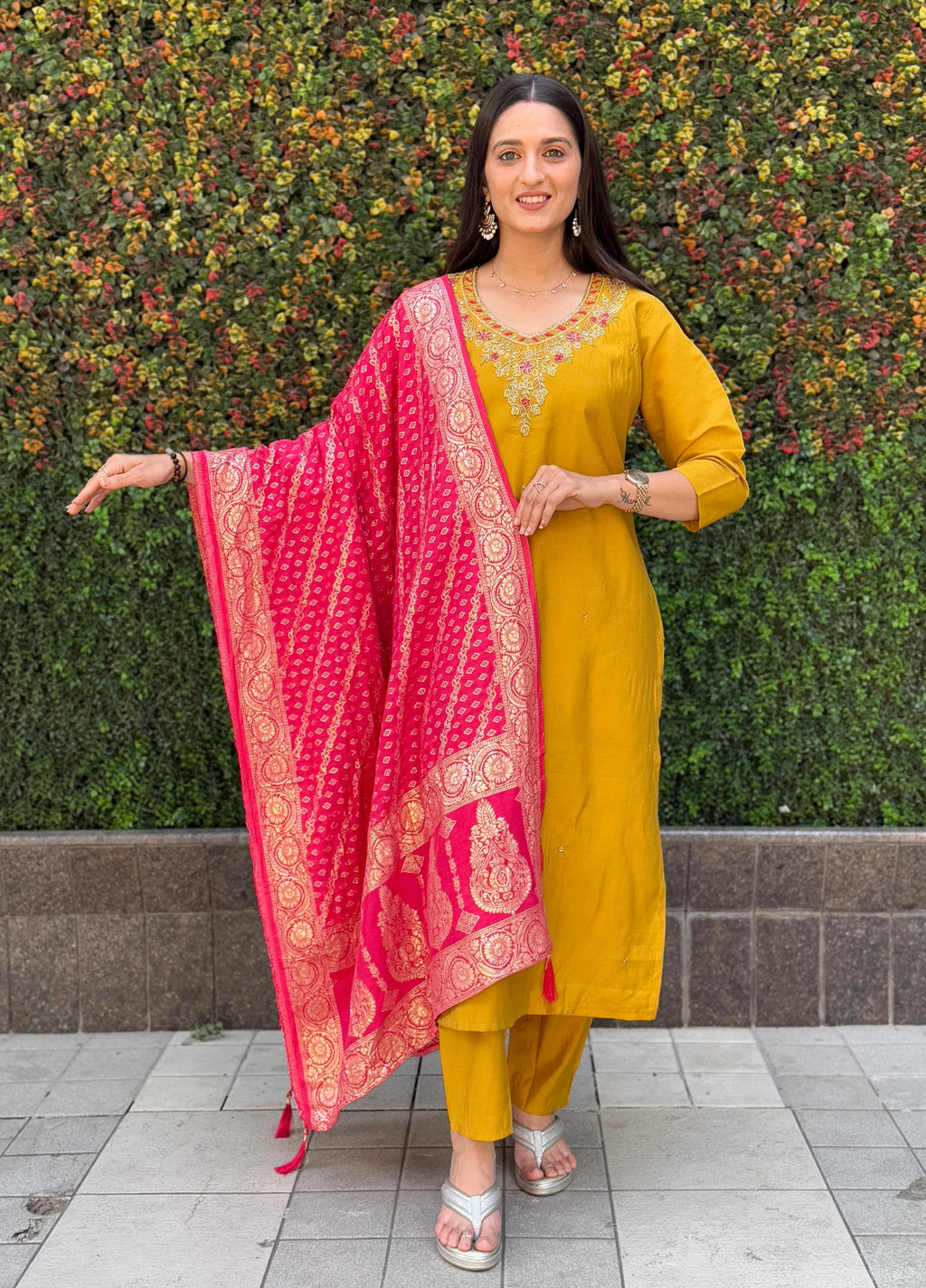 FABLOZ Elegant Yellow Roman Silk Kurta Pant with Contrasting Rani Pink Silk Dupatta