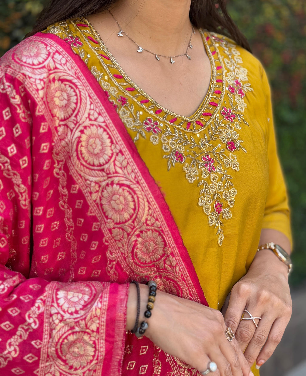 FABLOZ Elegant Yellow Roman Silk Kurta Pant with Contrasting Rani Pink Silk Dupatta