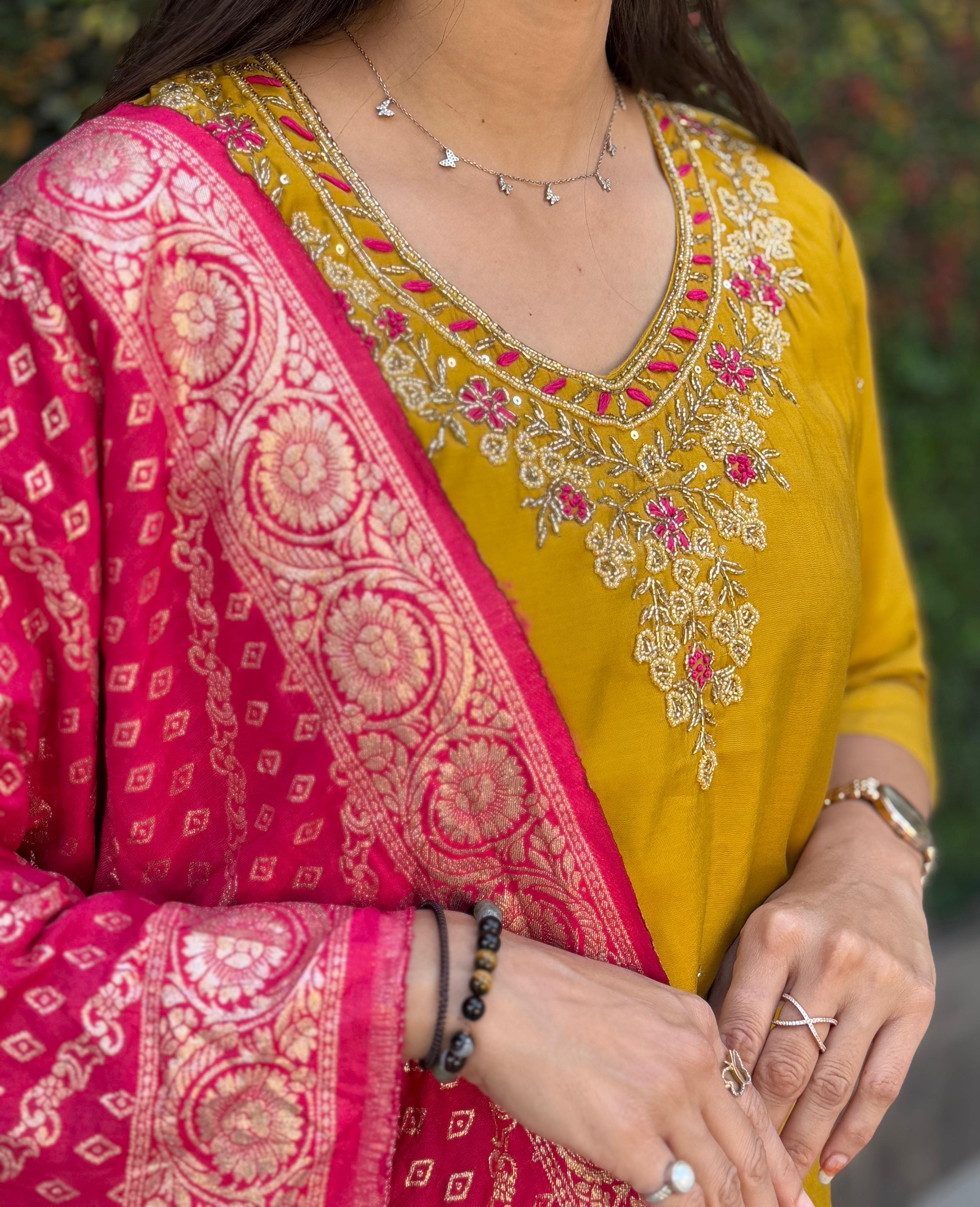 FABLOZ Elegant Yellow Roman Silk Kurta Pant with Contrasting Rani Pink Silk Dupatta