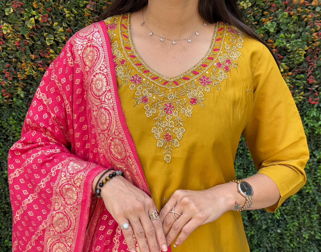 FABLOZ Elegant Yellow Roman Silk Kurta Pant with Contrasting Rani Pink Silk Dupatta