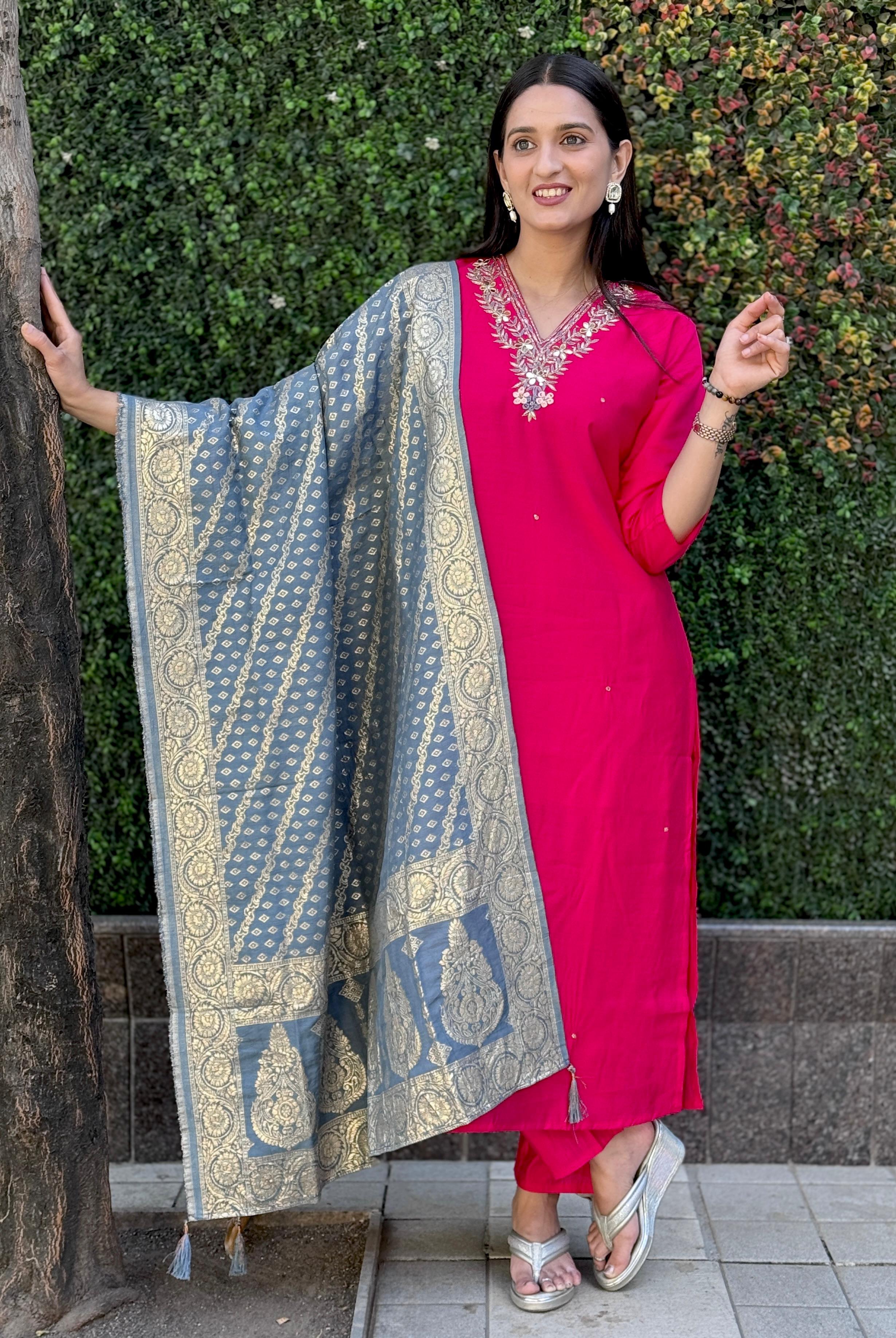 FABLOZ Women’s Designer Pink Roman Silk Kurta Set with Zari Embroidery & Banarasi Dupatta