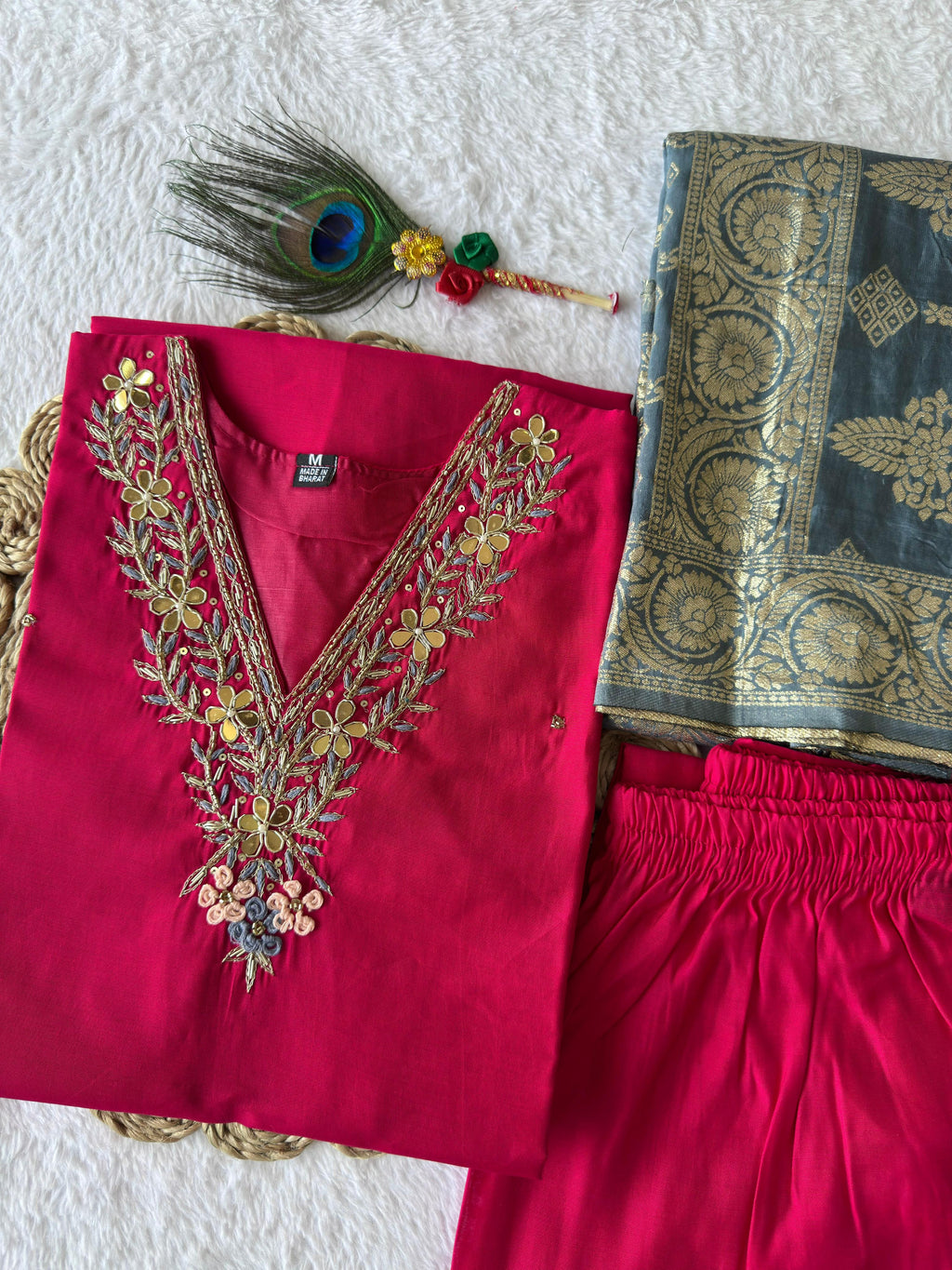 FABLOZ Women’s Designer Pink Roman Silk Kurta Set with Zari Embroidery & Banarasi Dupatta