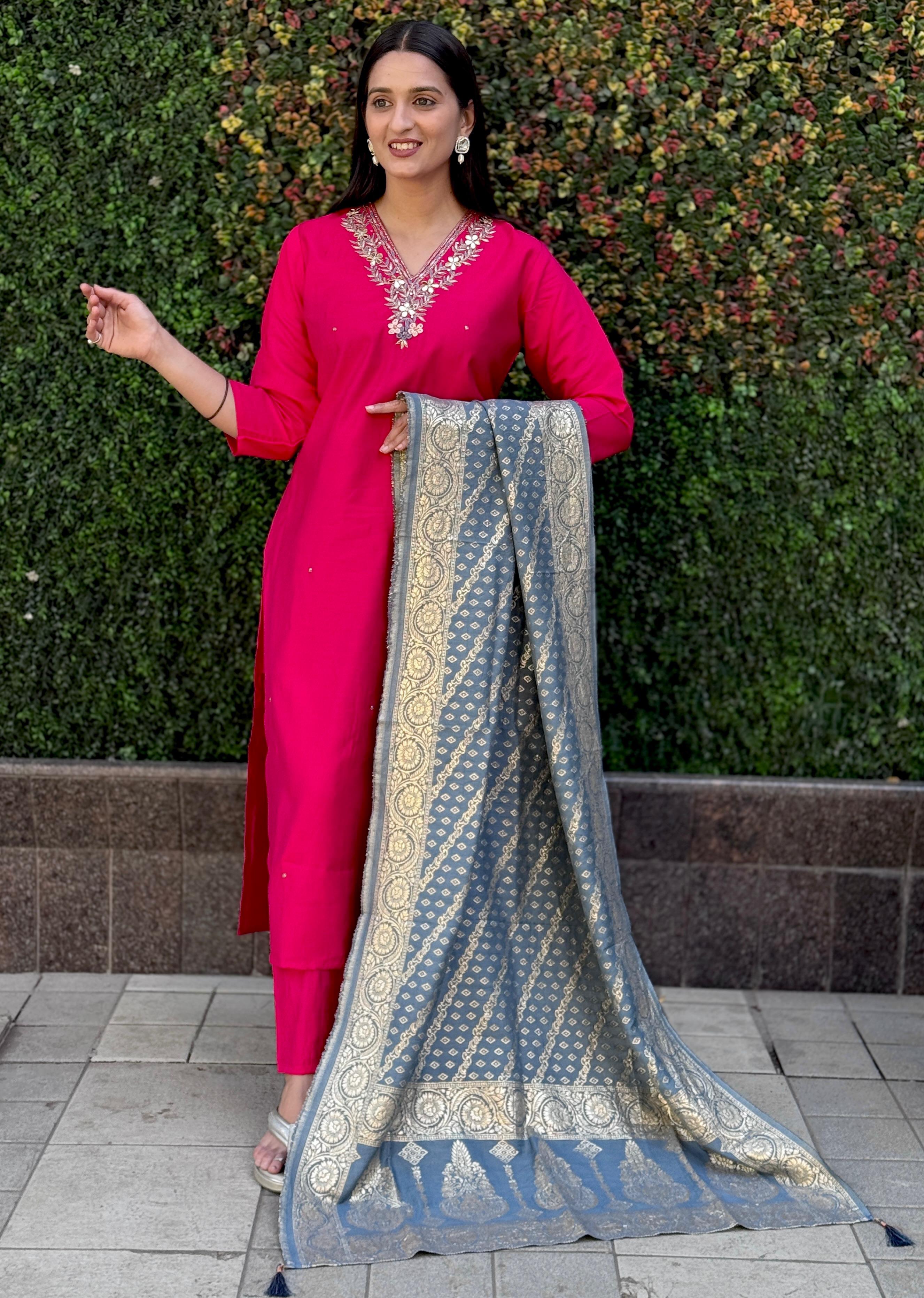 FABLOZ Women’s Designer Pink Roman Silk Kurta Set with Zari Embroidery & Banarasi Dupatta