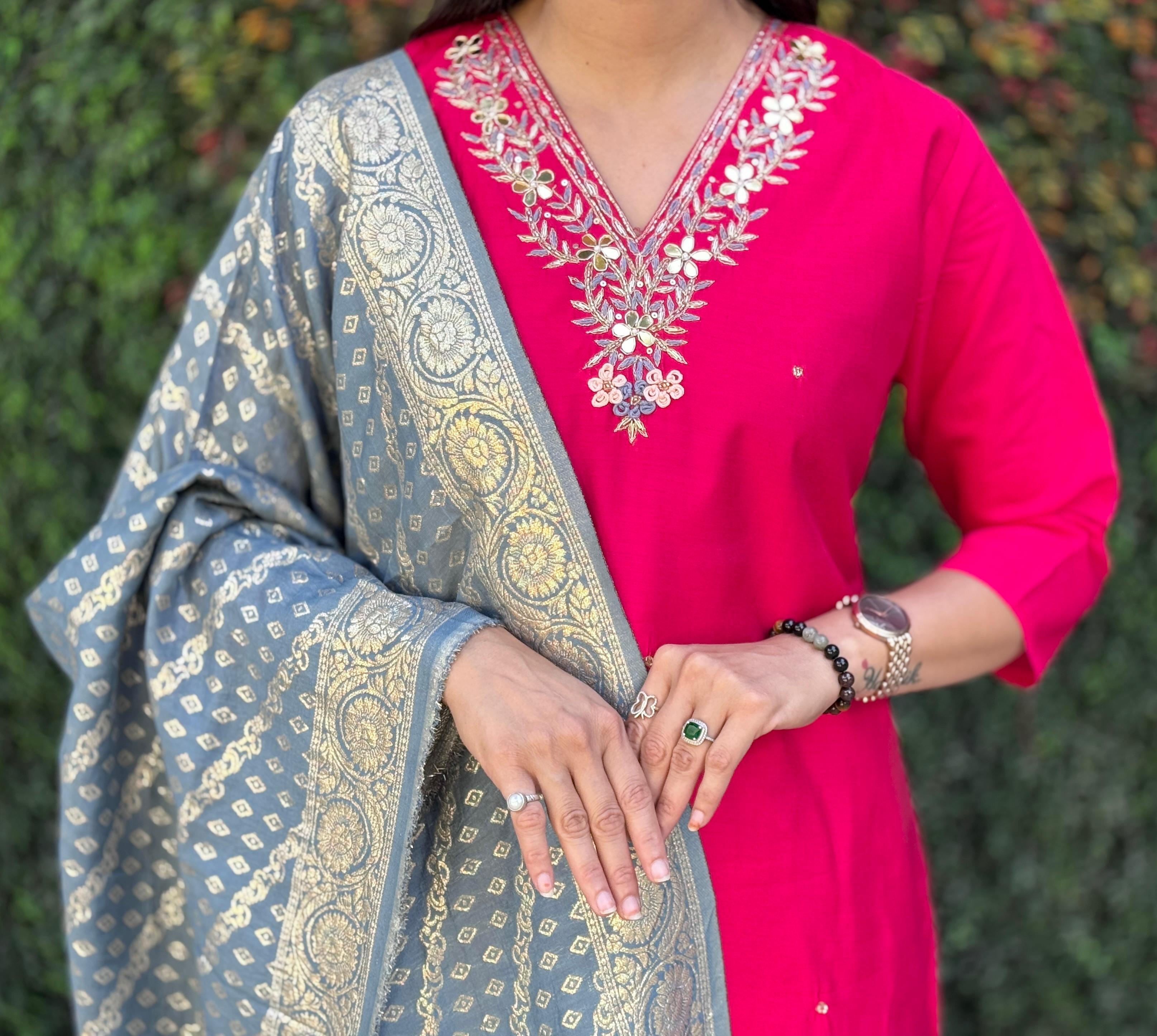 FABLOZ Women’s Designer Pink Roman Silk Kurta Set with Zari Embroidery & Banarasi Dupatta