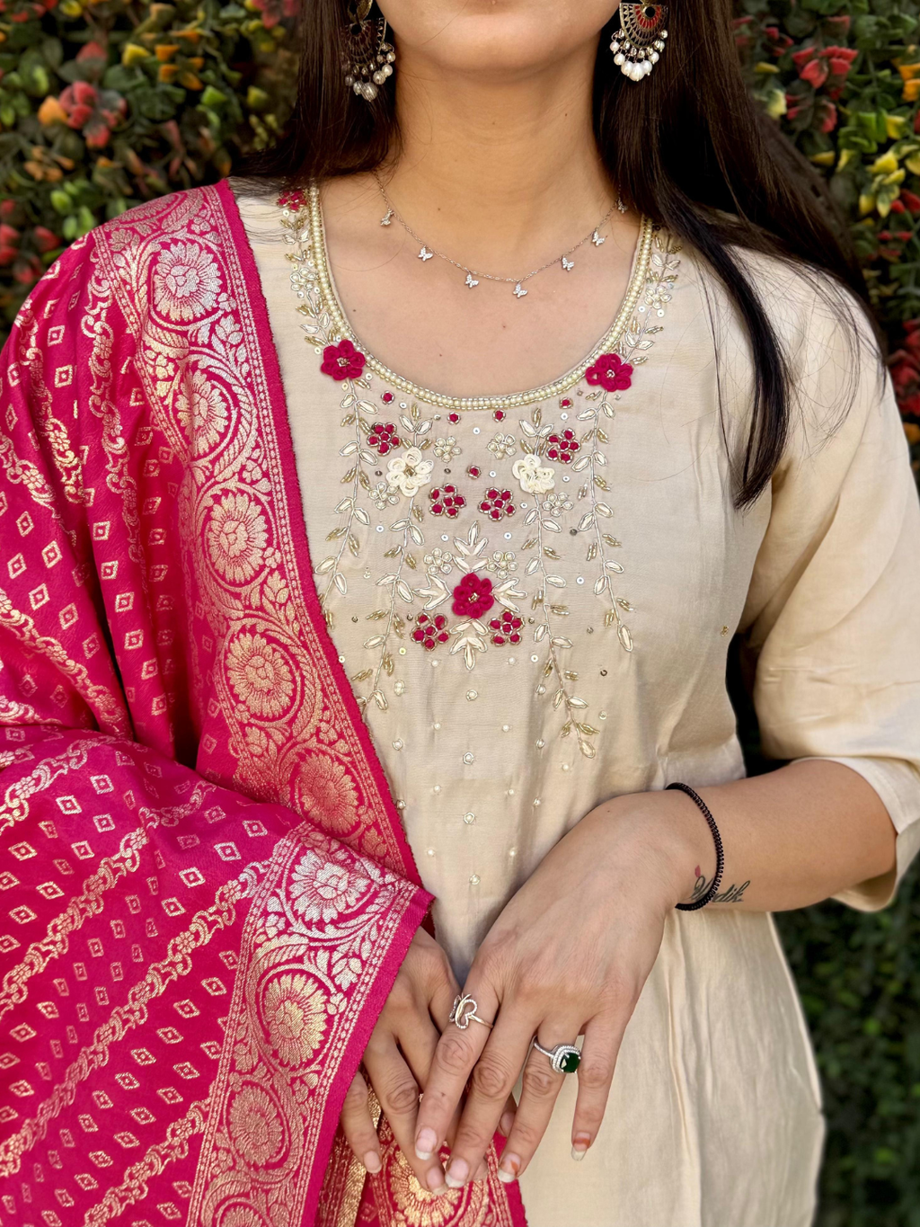 Roman Silk Cream Kurta Set & Pink Chanderi Silk Dupatta With Hand-Embroidered Floral Neck Design
