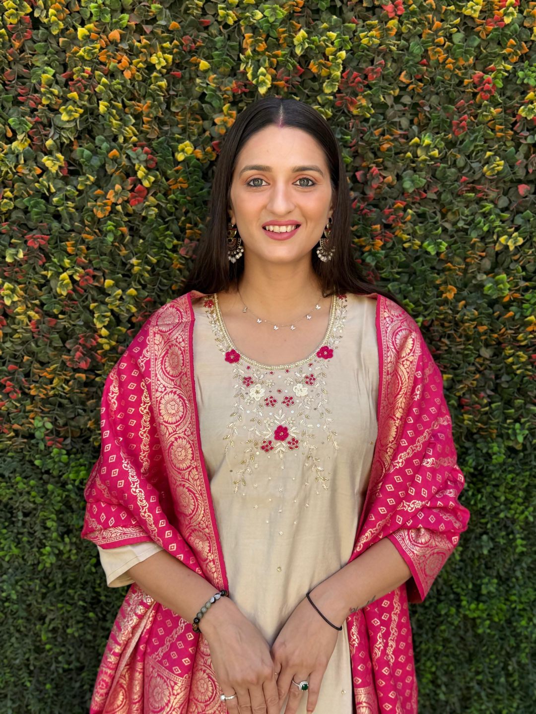 Roman Silk Cream Kurta Set & Pink Chanderi Silk Dupatta With Hand-Embroidered Floral Neck Design