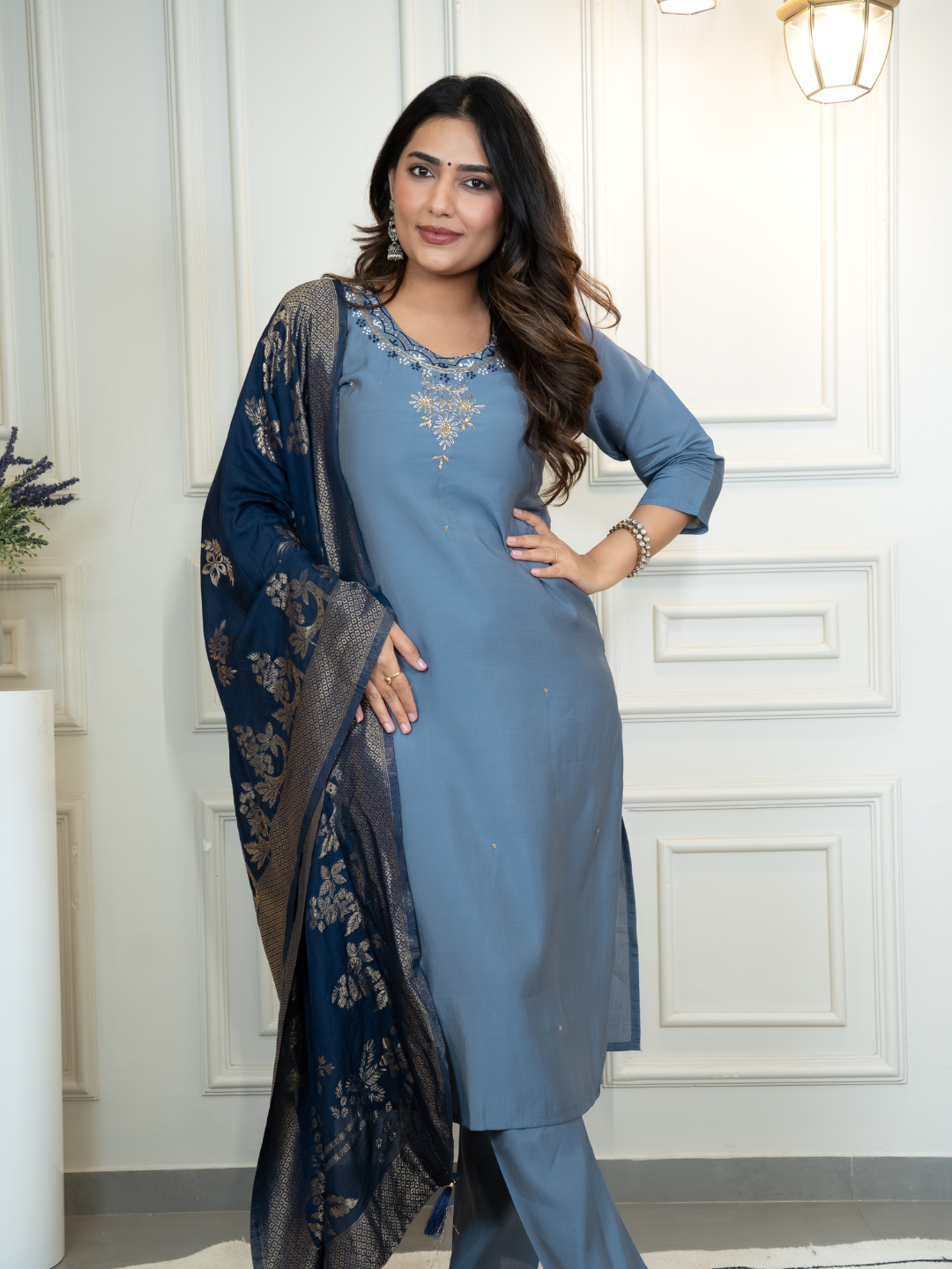 Roman Silk Steel Blue Kurta Set & Chanderi Silk Dupatta with Fine Hand-Embroidered Neckline