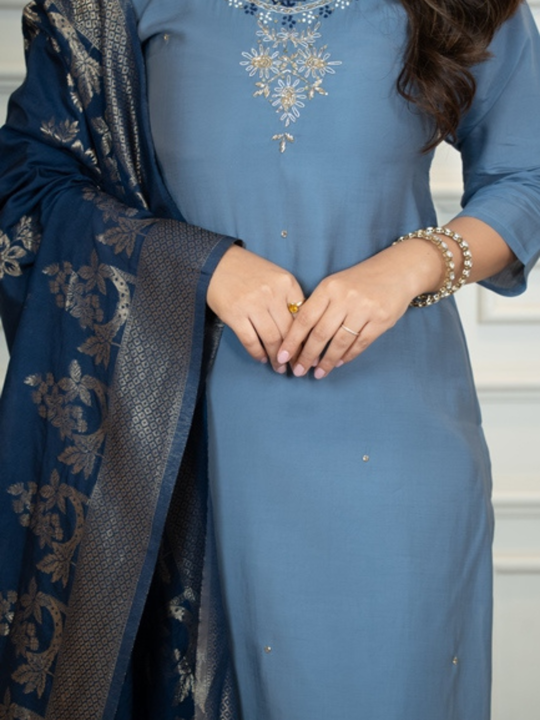 Roman Silk Steel Blue Kurta Set & Chanderi Silk Dupatta with Fine Hand-Embroidered Neckline