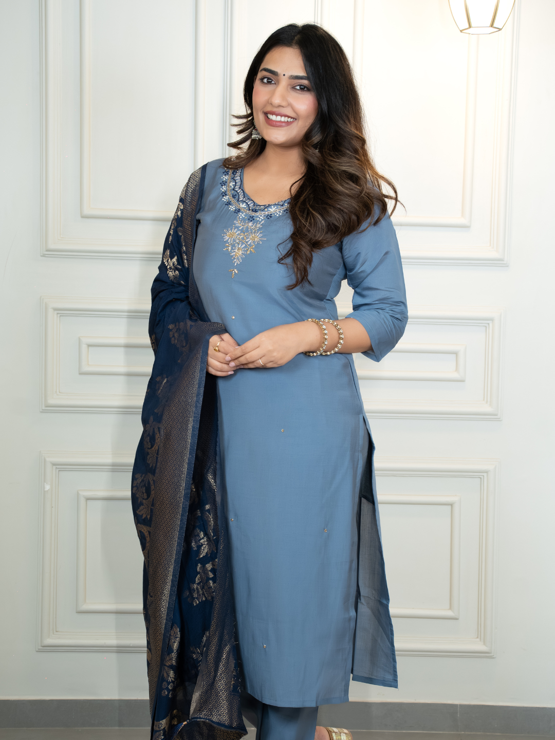 Roman Silk Steel Blue Kurta Set & Chanderi Silk Dupatta with Fine Hand-Embroidered Neckline