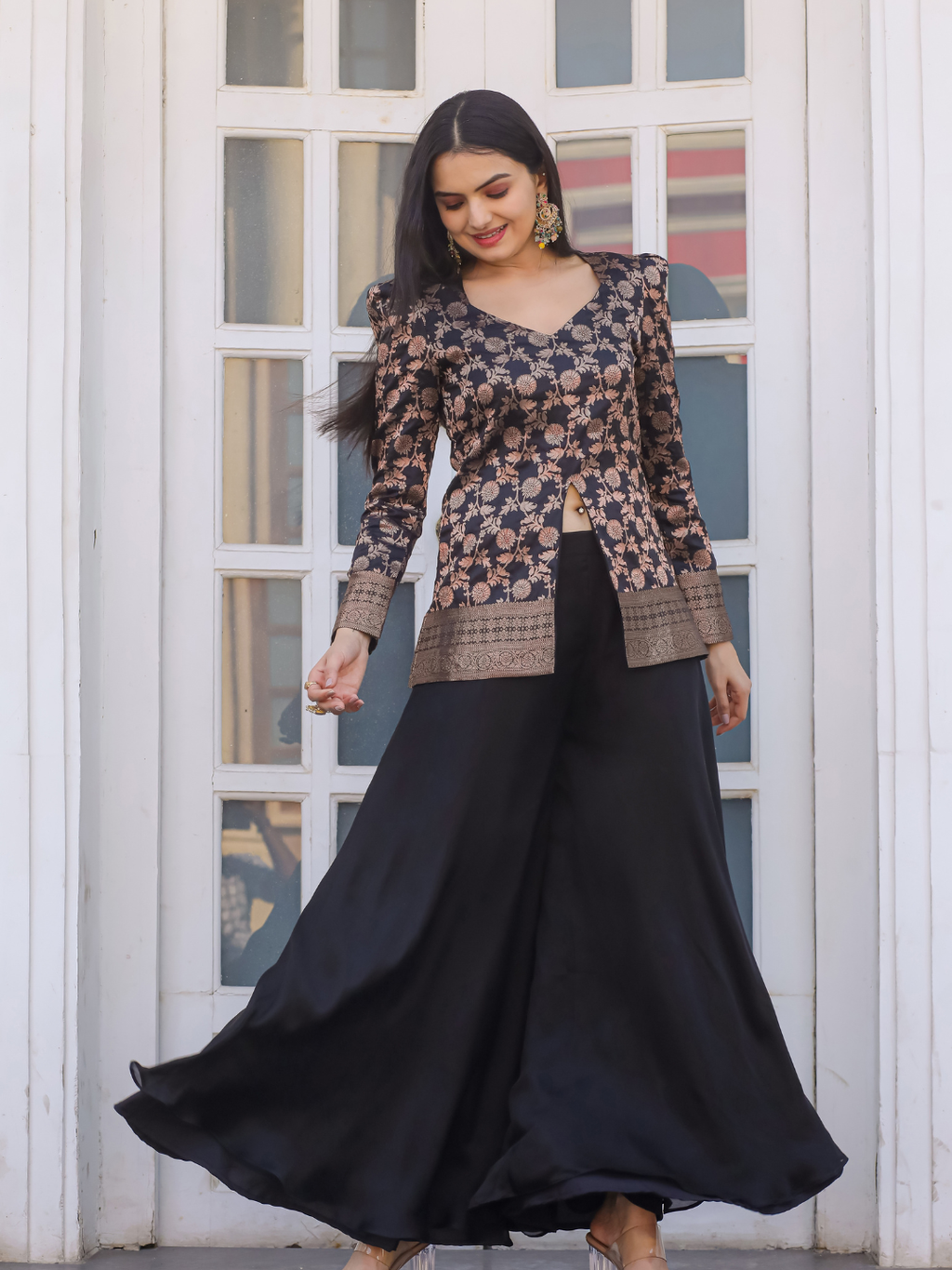 Black Premium Silk Elegant Weaving Peplum Palazzo Co-Ord Set