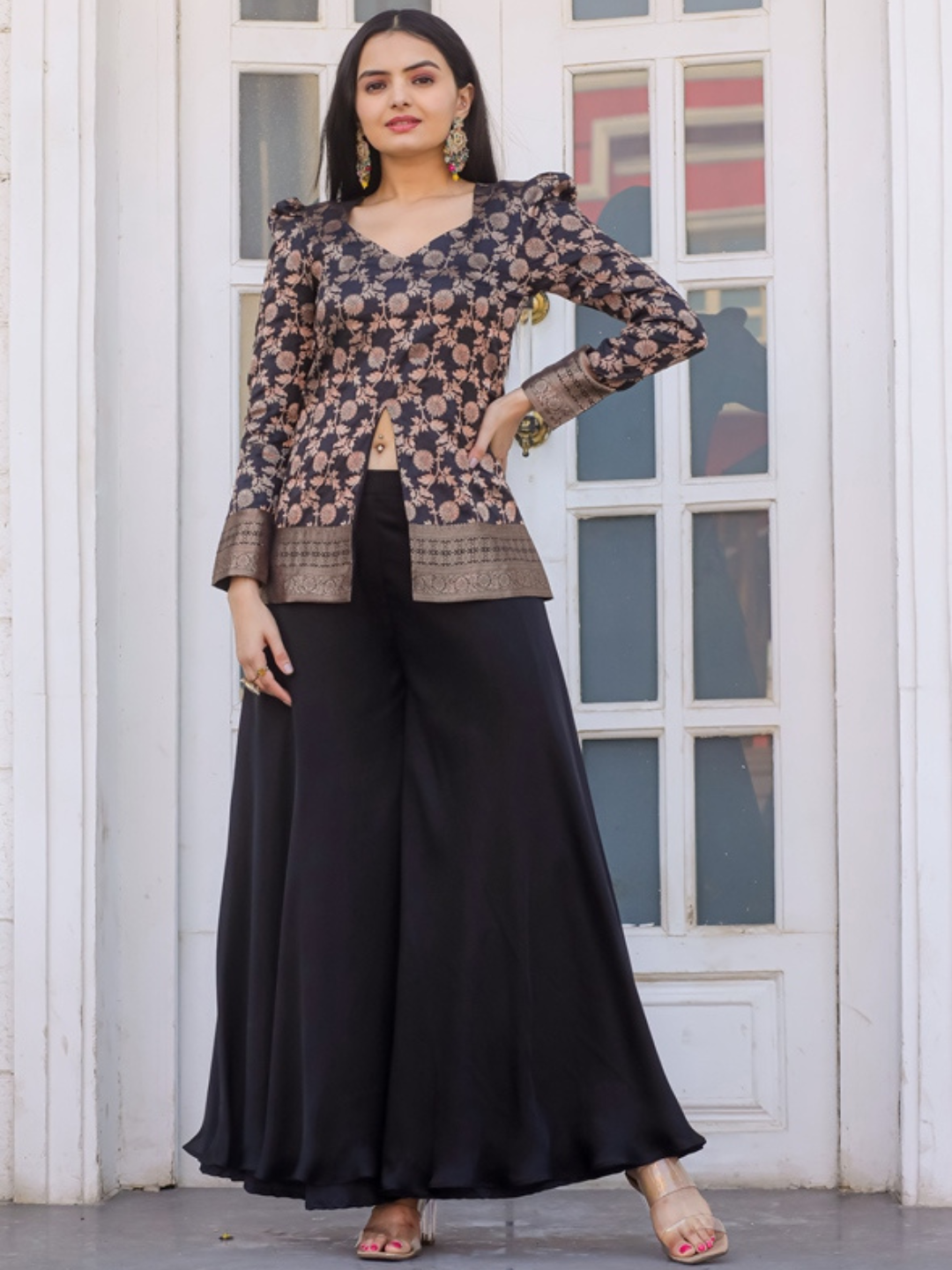 Black Premium Silk Elegant Weaving Peplum Palazzo Co-Ord Set
