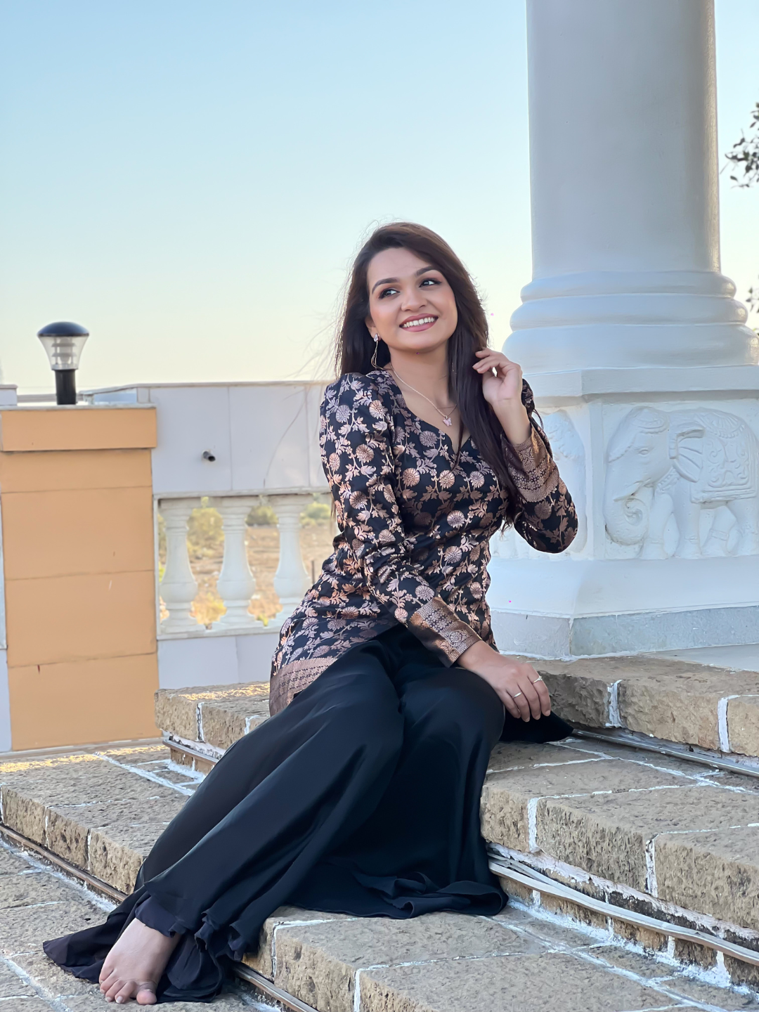 Black Premium Silk Elegant Weaving Peplum Palazzo Co-Ord Set