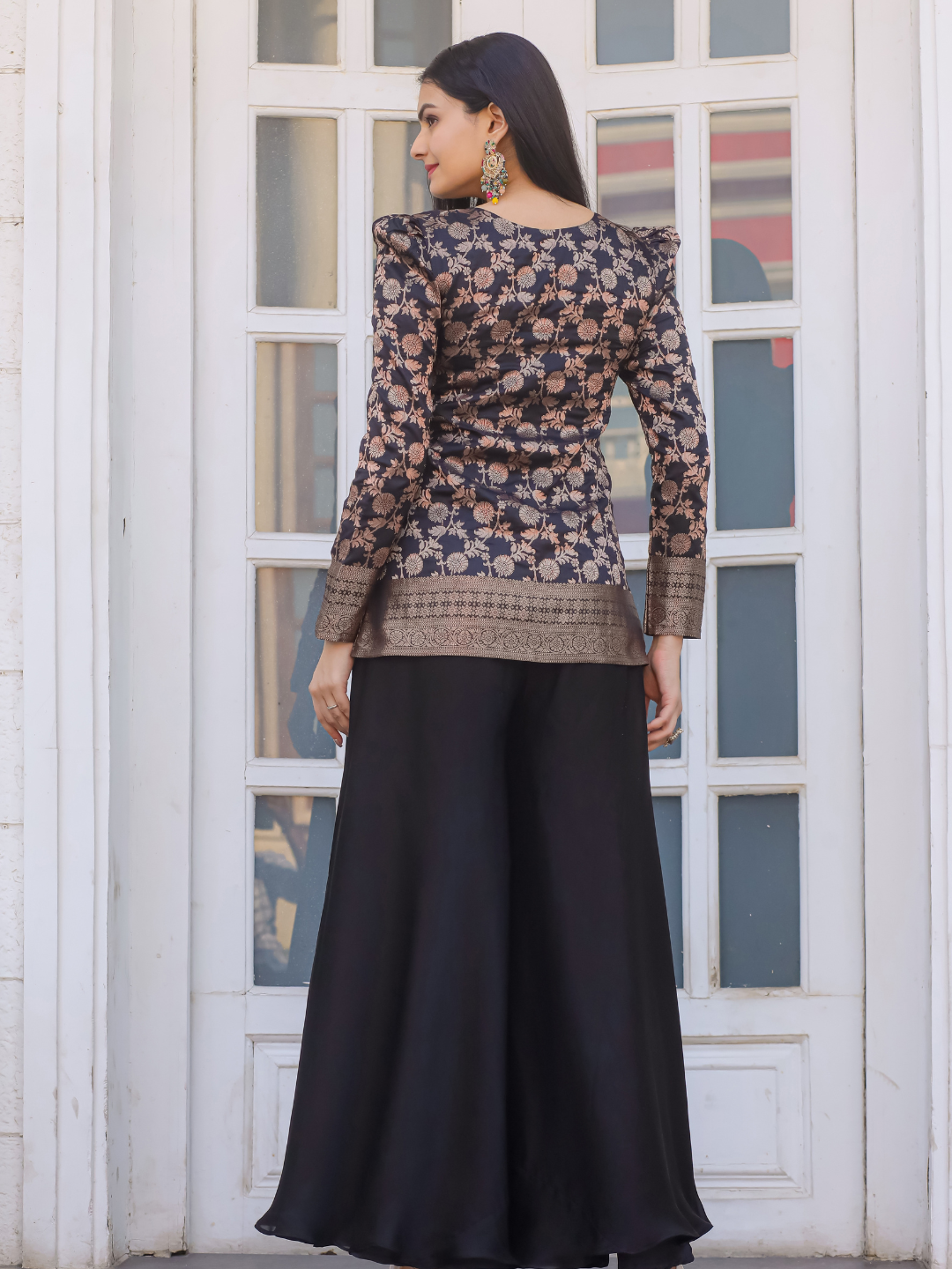 Black Premium Silk Elegant Weaving Peplum Palazzo Co-Ord Set