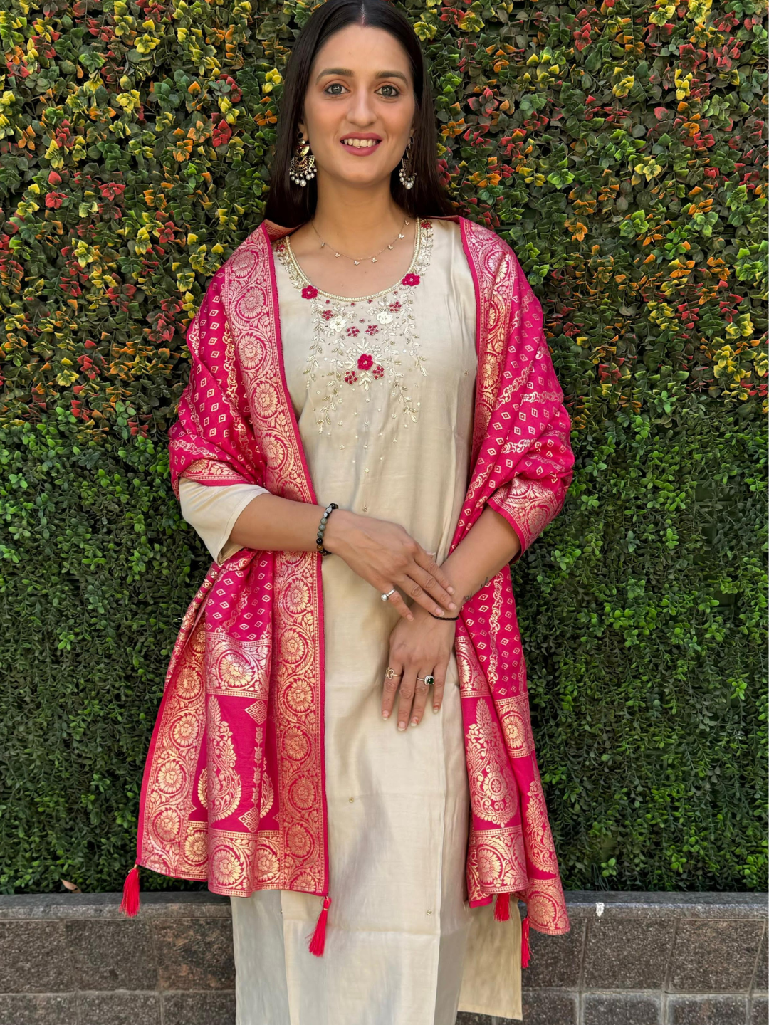 Roman Silk Cream Kurta Set & Pink Chanderi Silk Dupatta With Hand-Embroidered Floral Neck Design