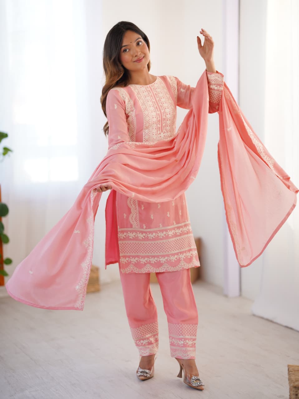 FABLOZ Stunning Chinnon Sequins Embroidered Kurta-Pant Set with Dupatta – Premium Stitched Collection