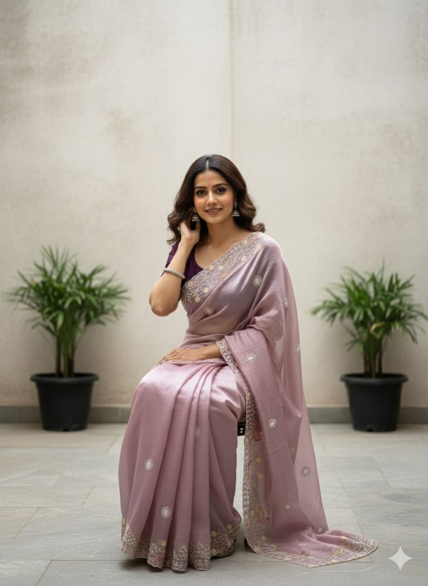 FABLOZ Women's Premium Hand-Embroidered Organza Saree with Cutdana Detailing & Scalloped Border & Contrast Blouse