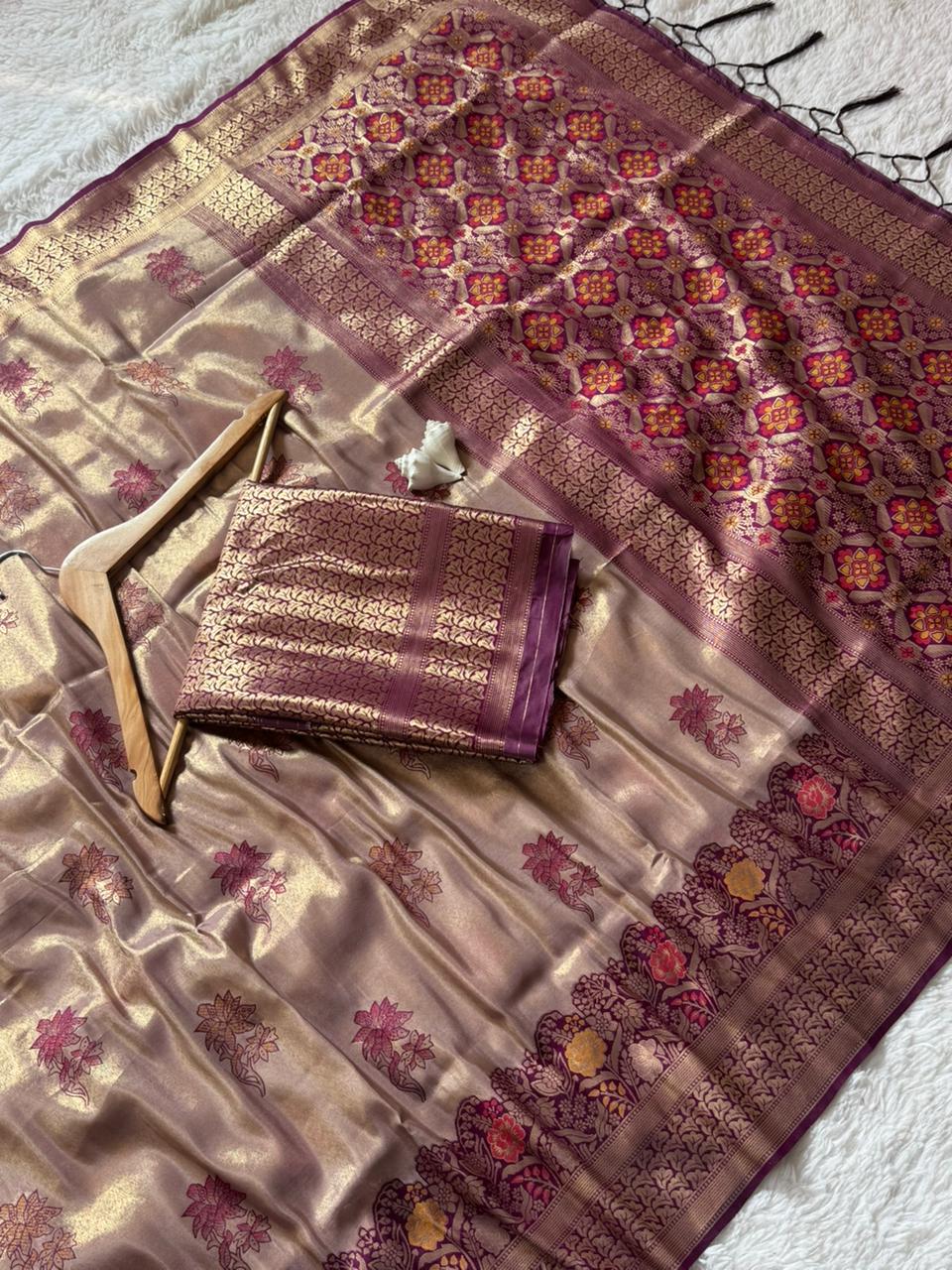 FABLOZ Women's Two Tone Pure Tissue Banarasi Saree with Rich Zari Weaving & Mina Border | Soft Fabric with Brocade Blouse