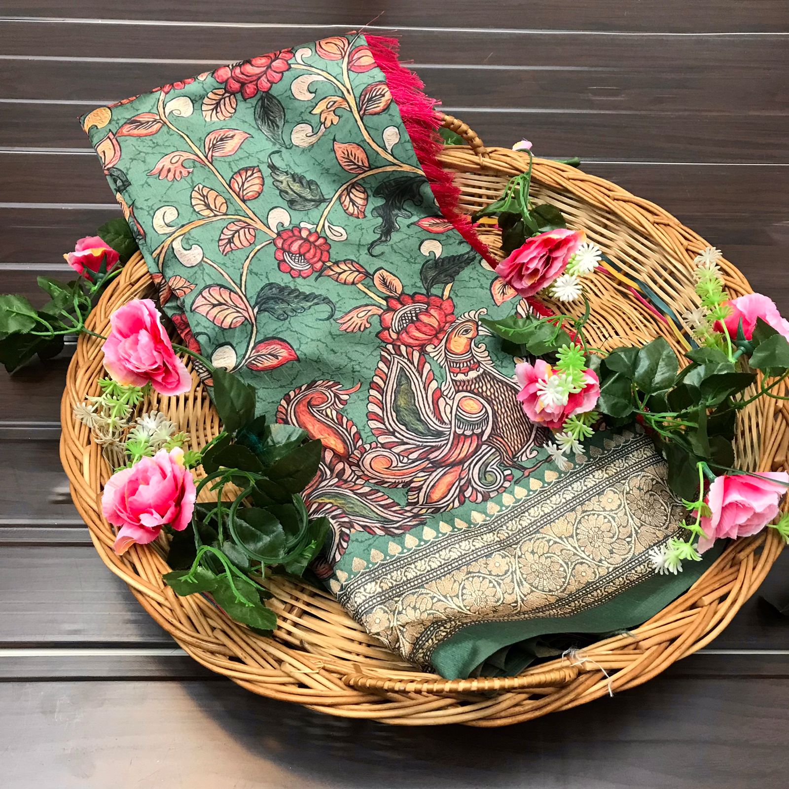 FABLOZ Women's Soft Silk Kalamkari Fusion Print Saree with New Concept Design | Contrast Tassel Border & Printed Blouse