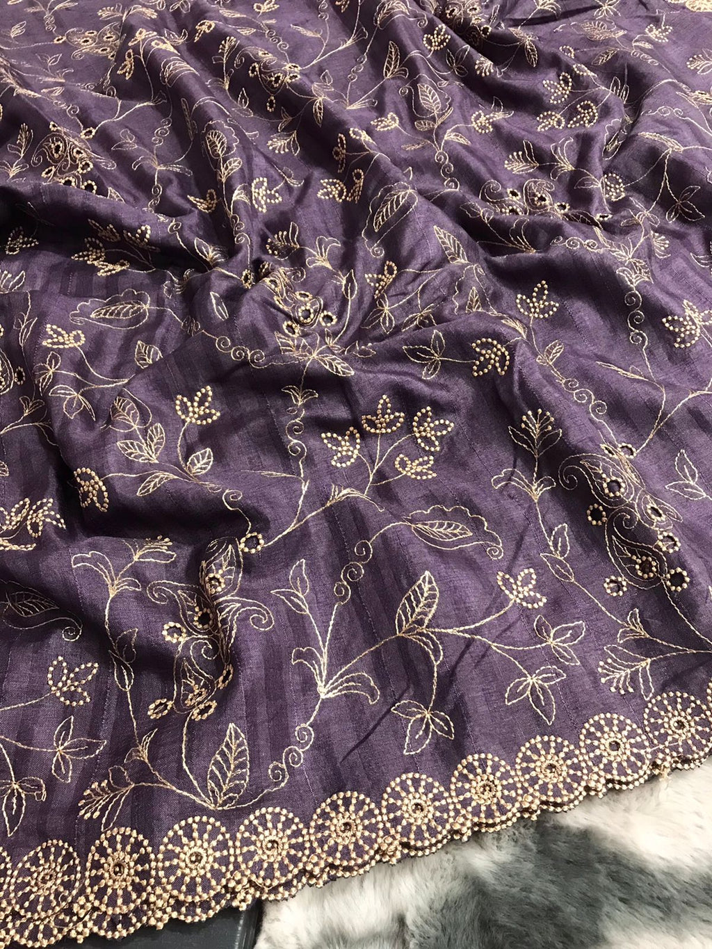 FABLOZ Women's Designer Pure Soft Silk Saree with Hand Thread Embroidery and Cutwork Detailing