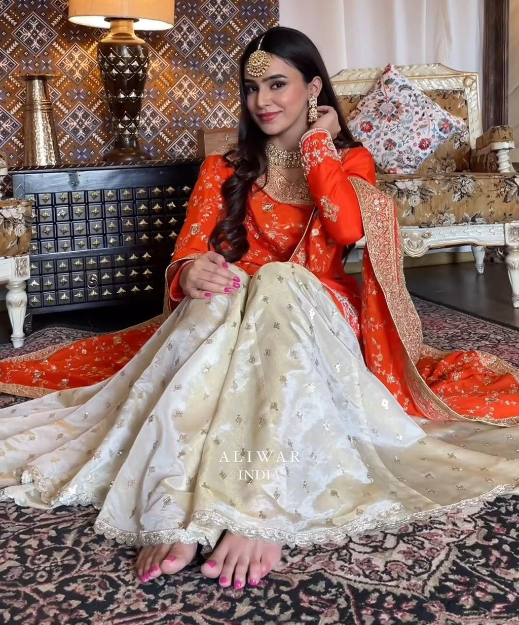 FABLOZ Women's Designer Orange Chinnon Kurti & White Garara Set with Sequins Embroidery & Matching Orange Dupatta