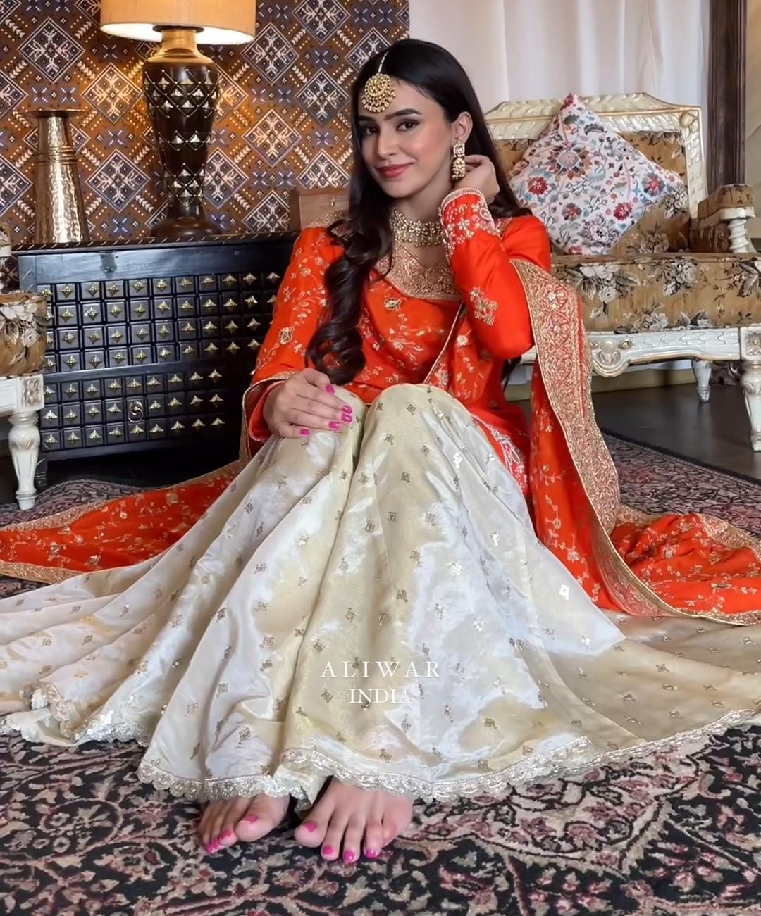 FABLOZ Women's Designer Orange Chinnon Kurti & White Garara Set with Sequins Embroidery & Matching Orange Dupatta