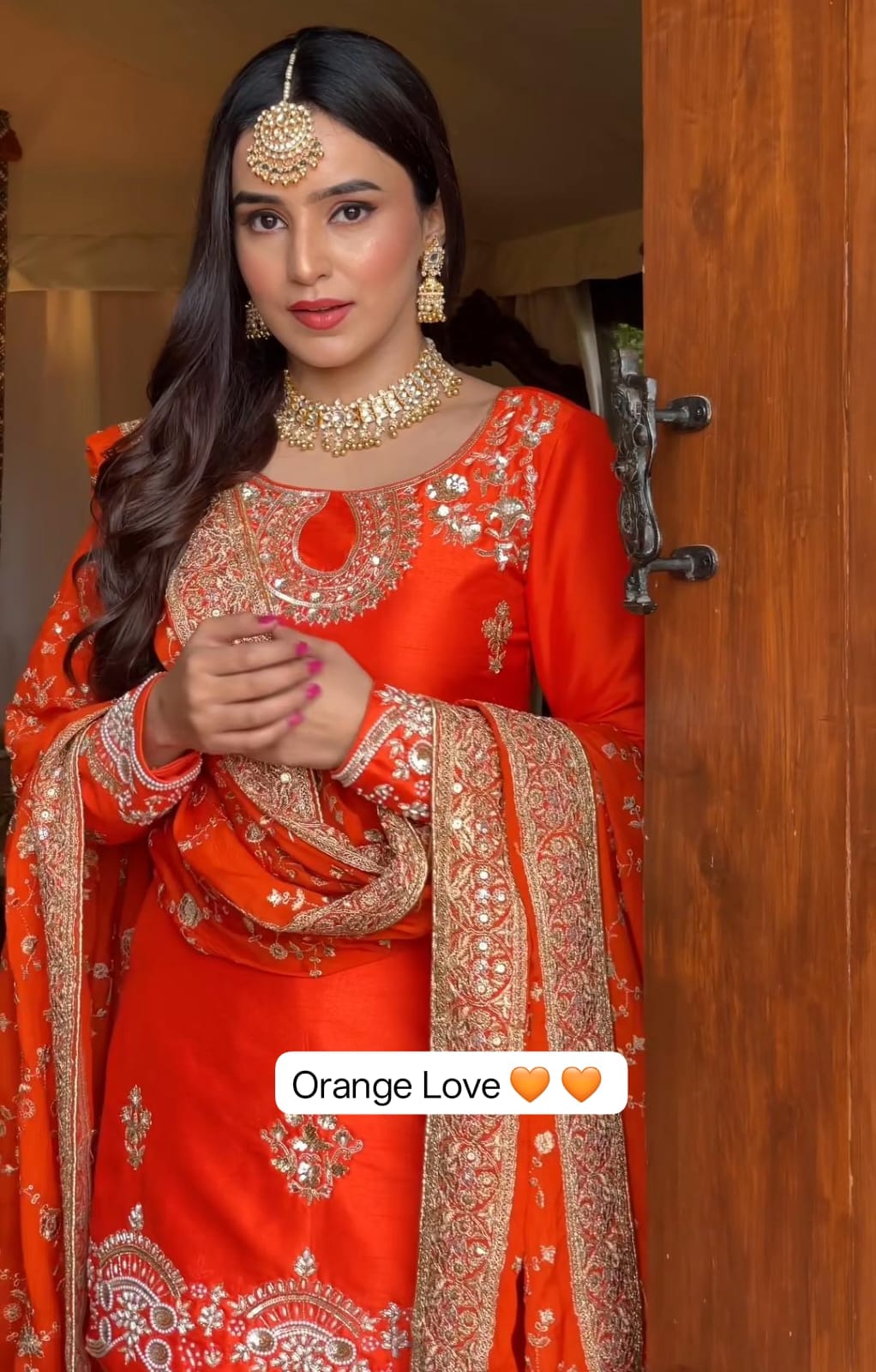 FABLOZ Women's Designer Orange Chinnon Kurti & White Garara Set with Sequins Embroidery & Matching Orange Dupatta