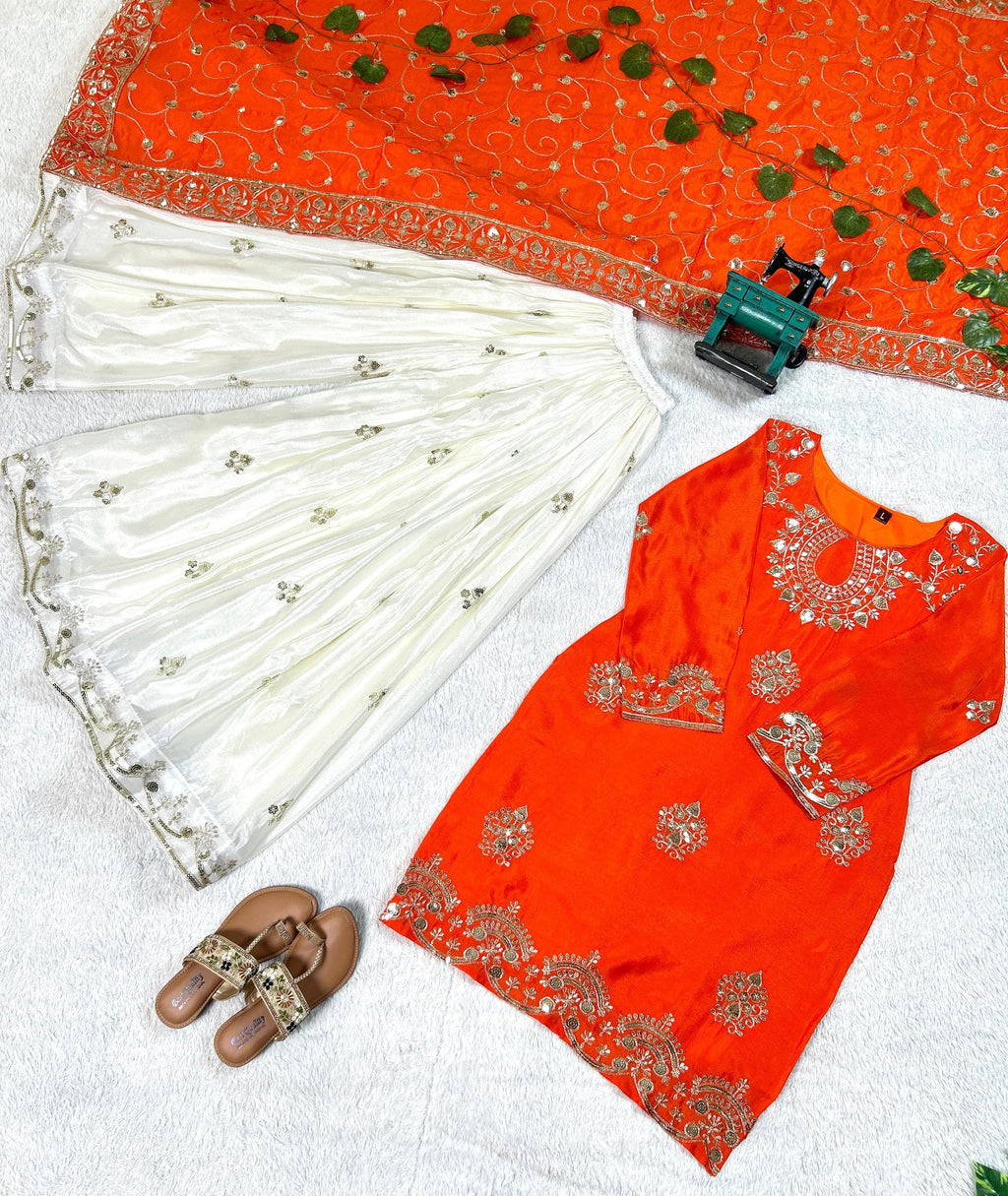 FABLOZ Women's Designer Orange Chinnon Kurti & White Garara Set with Sequins Embroidery & Matching Orange Dupatta