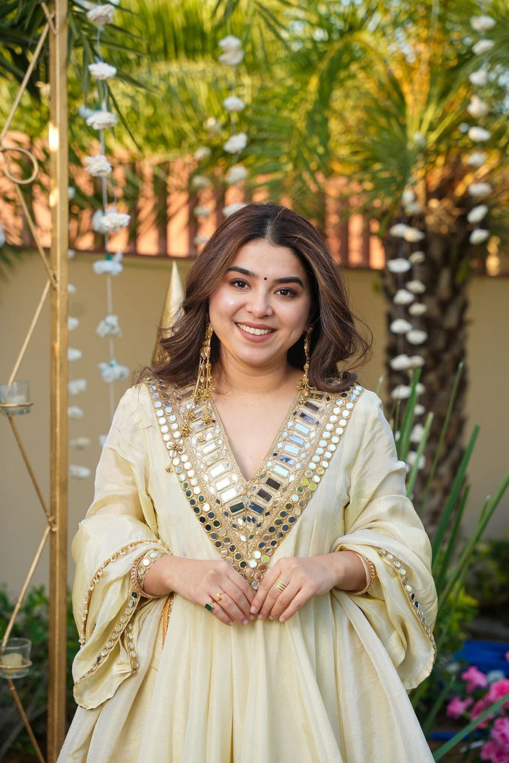 FABLOZ Women's Premium Real Mirror Work Simmer Silk 3-Piece Set with Embroidery – Top, Bottom & Dupatta