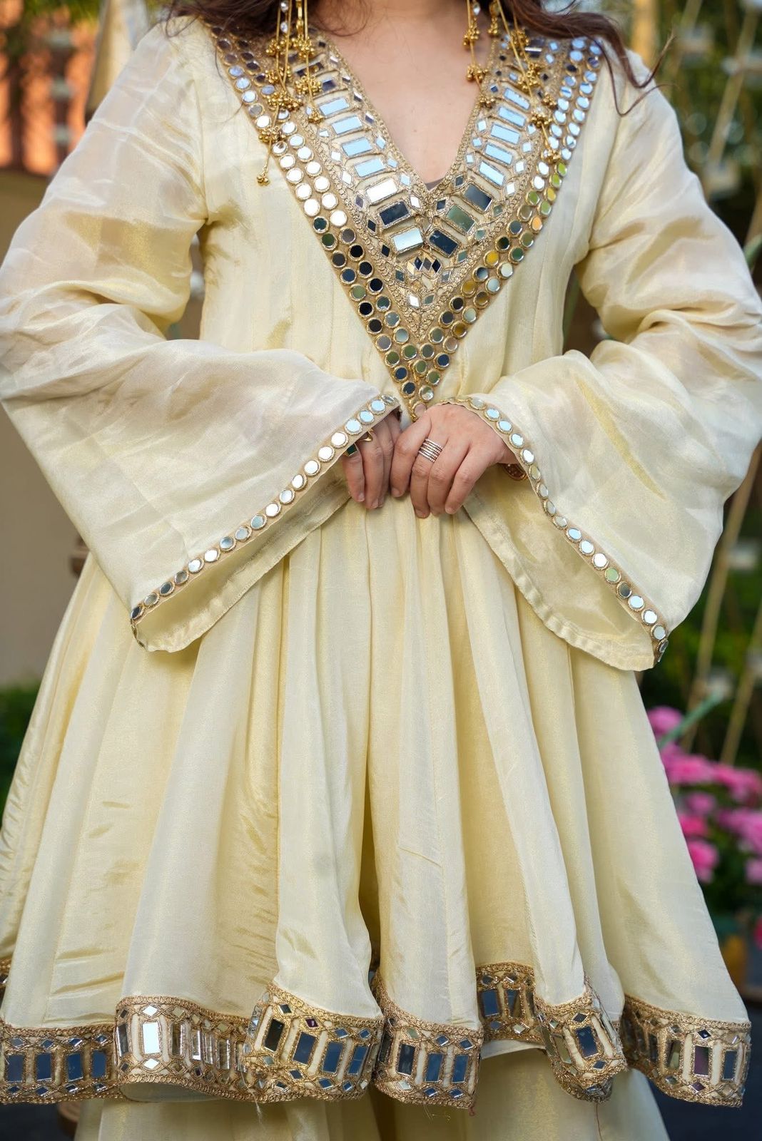 FABLOZ Women's Premium Real Mirror Work Simmer Silk 3-Piece Set with Embroidery – Top, Bottom & Dupatta