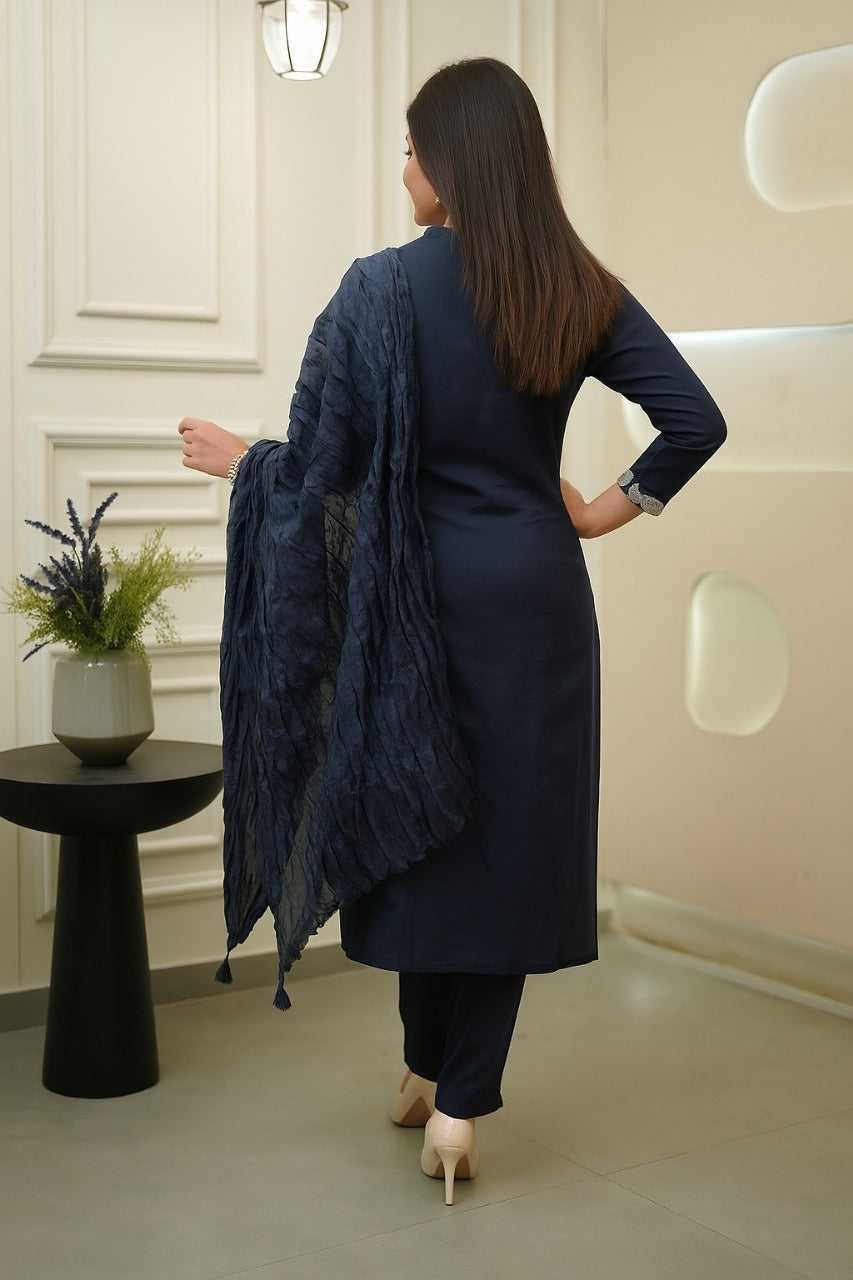 FABLOZ Women's Elegant Rayon Slub Embroidered Kurta Pant Set with Chanderi Cotton Dupatta | Mandarin Collar Neck & Premium Coding Work