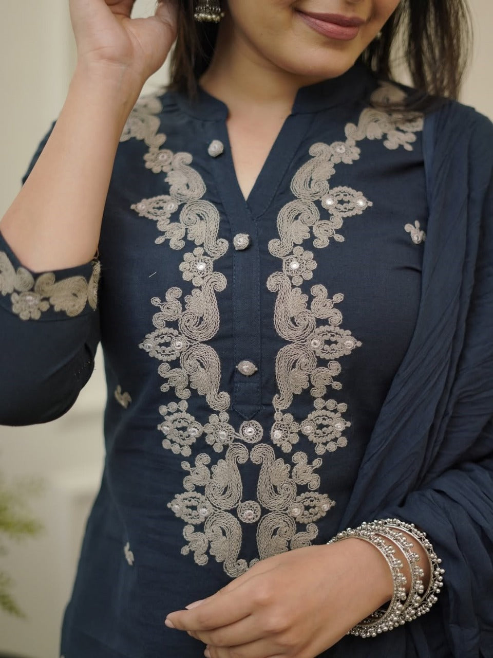 FABLOZ Women's Elegant Rayon Slub Embroidered Kurta Pant Set with Chanderi Cotton Dupatta | Mandarin Collar Neck & Premium Coding Work