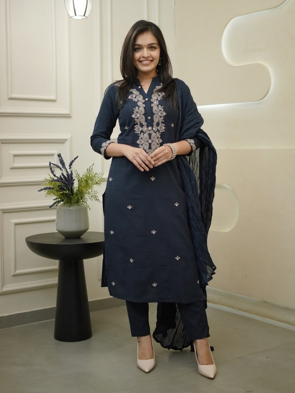 FABLOZ Women's Elegant Rayon Slub Embroidered Kurta Pant Set with Chanderi Cotton Dupatta | Mandarin Collar Neck & Premium Coding Work