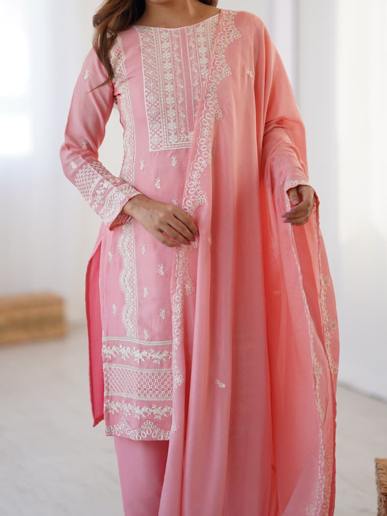 FABLOZ Stunning Chinnon Sequins Embroidered Kurta-Pant Set with Dupatta – Premium Stitched Collection