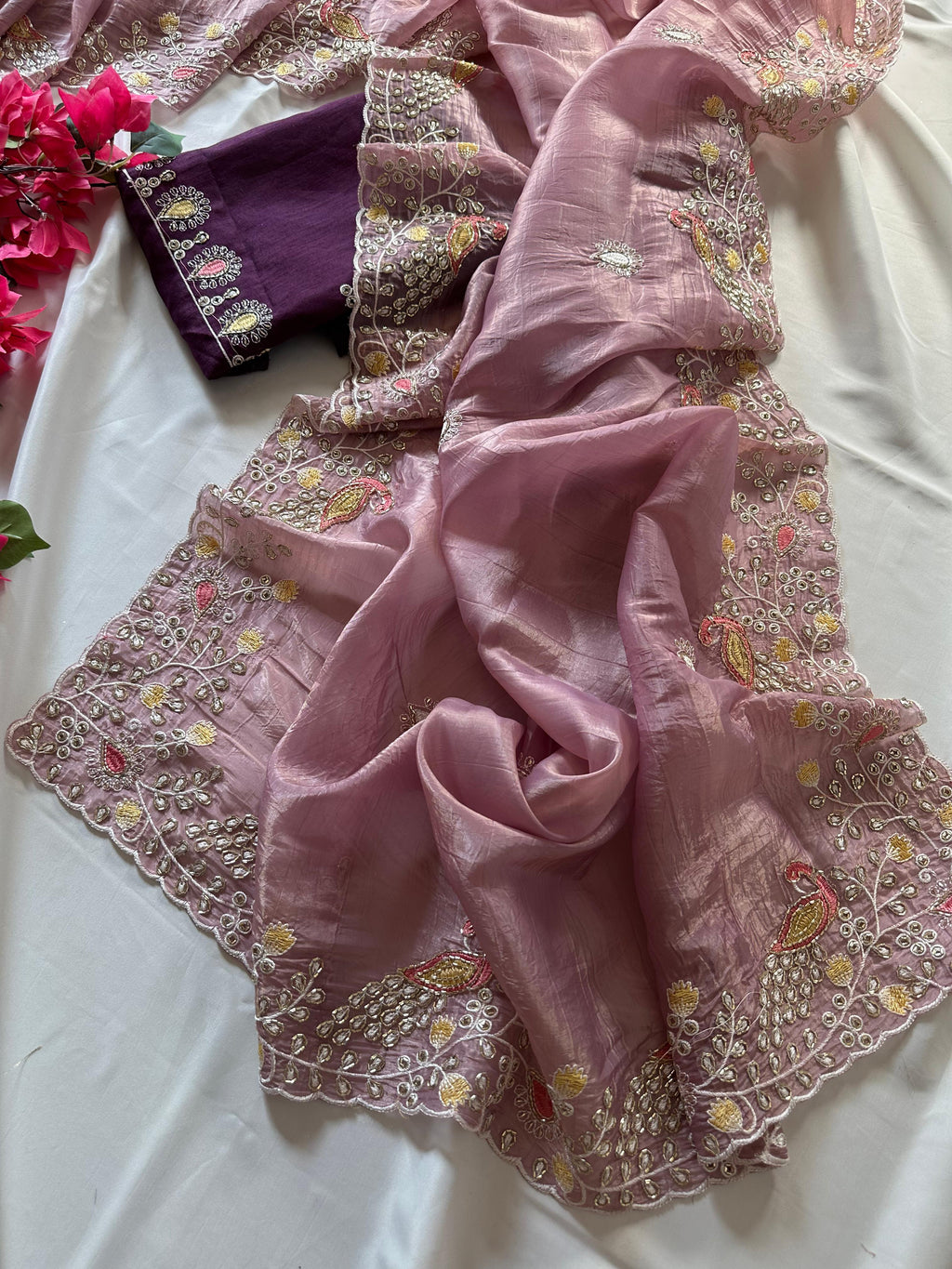 FABLOZ Women's Premium Hand-Embroidered Organza Saree with Cutdana Detailing & Scalloped Border & Contrast Blouse