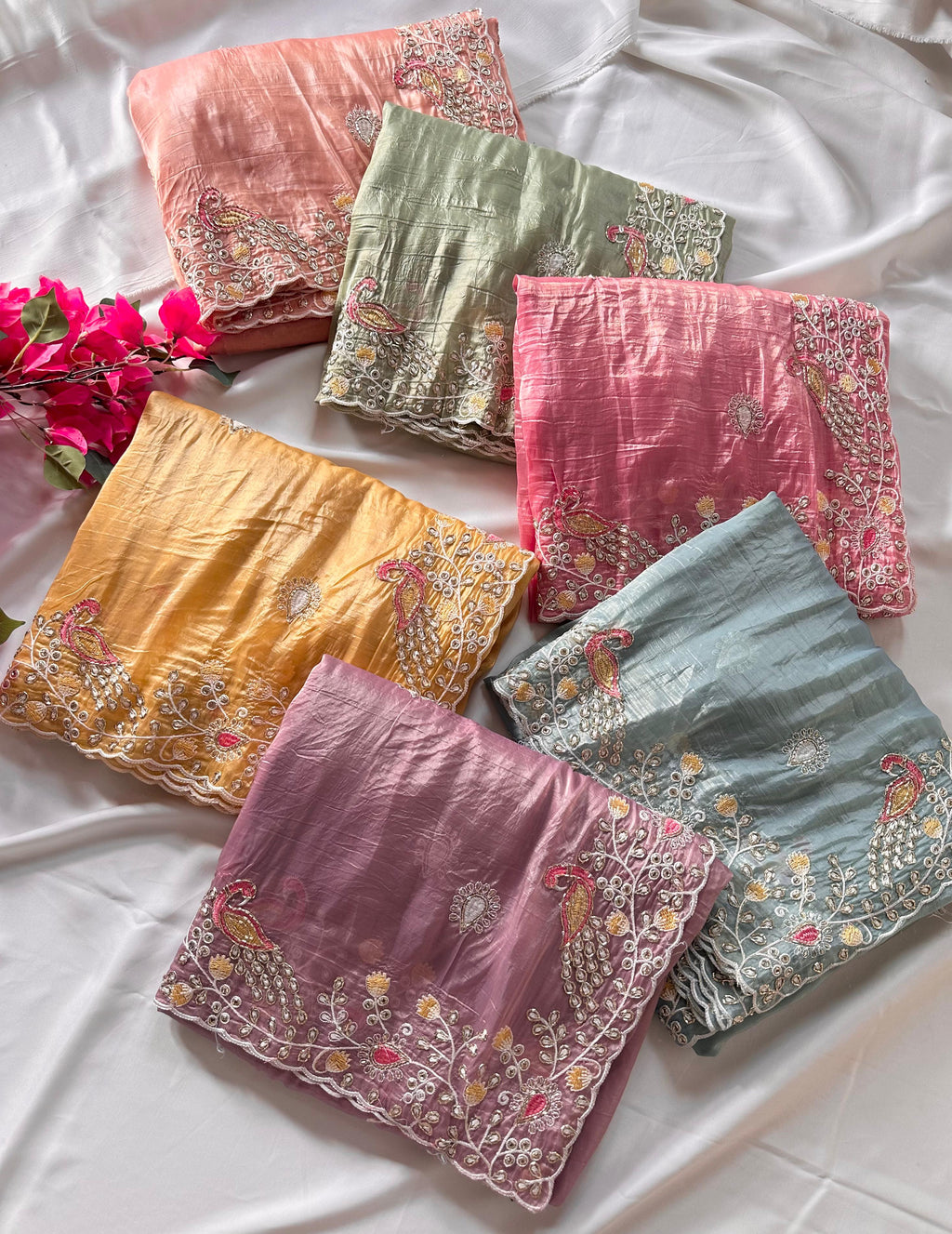 FABLOZ Women's Premium Hand-Embroidered Organza Saree with Cutdana Detailing & Scalloped Border & Contrast Blouse