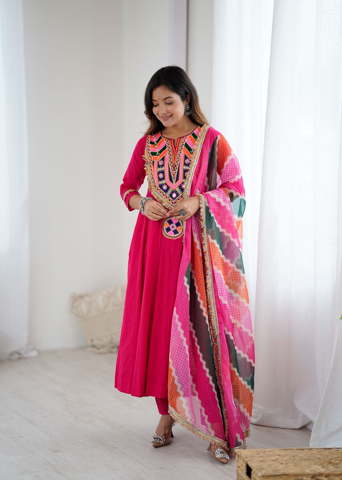 FABLOZ Premium Pure Khadi Cotton Gown with Embroidery Sequence Work With Real Mirror & Pure Khadi Cotton Pant With Digital Print Organza Dupatta