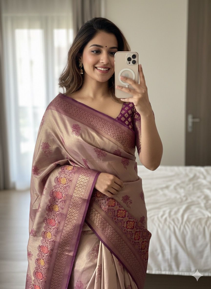 FABLOZ Women's Two Tone Pure Tissue Banarasi Saree with Rich Zari Weaving & Mina Border | Soft Fabric with Brocade Blouse