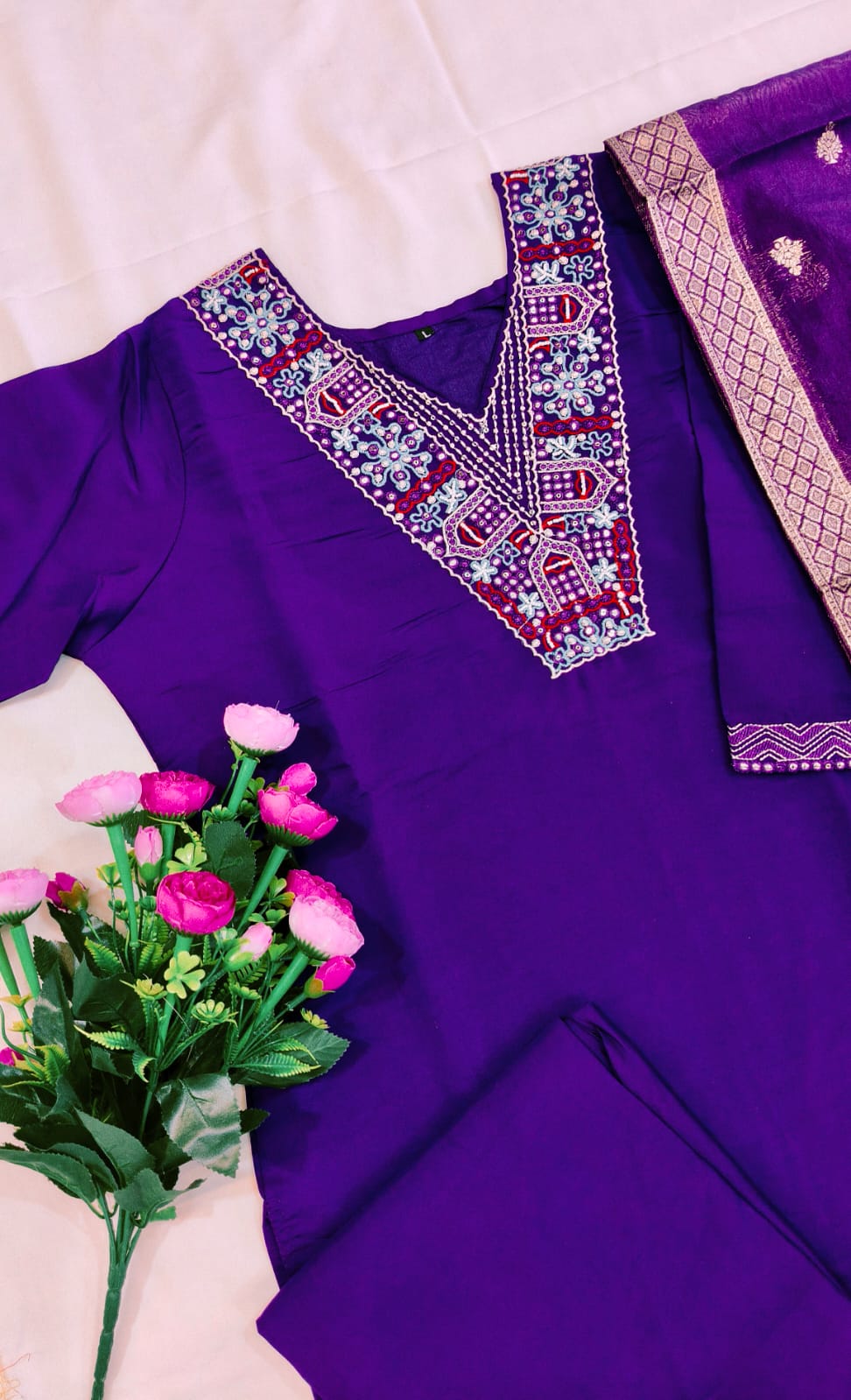 FABLOZ Women's Purple Designer Handwork Kurta Set in Roman Silk with Sequins & Thread Embroidery With Chanderi Jacquard Dupatta