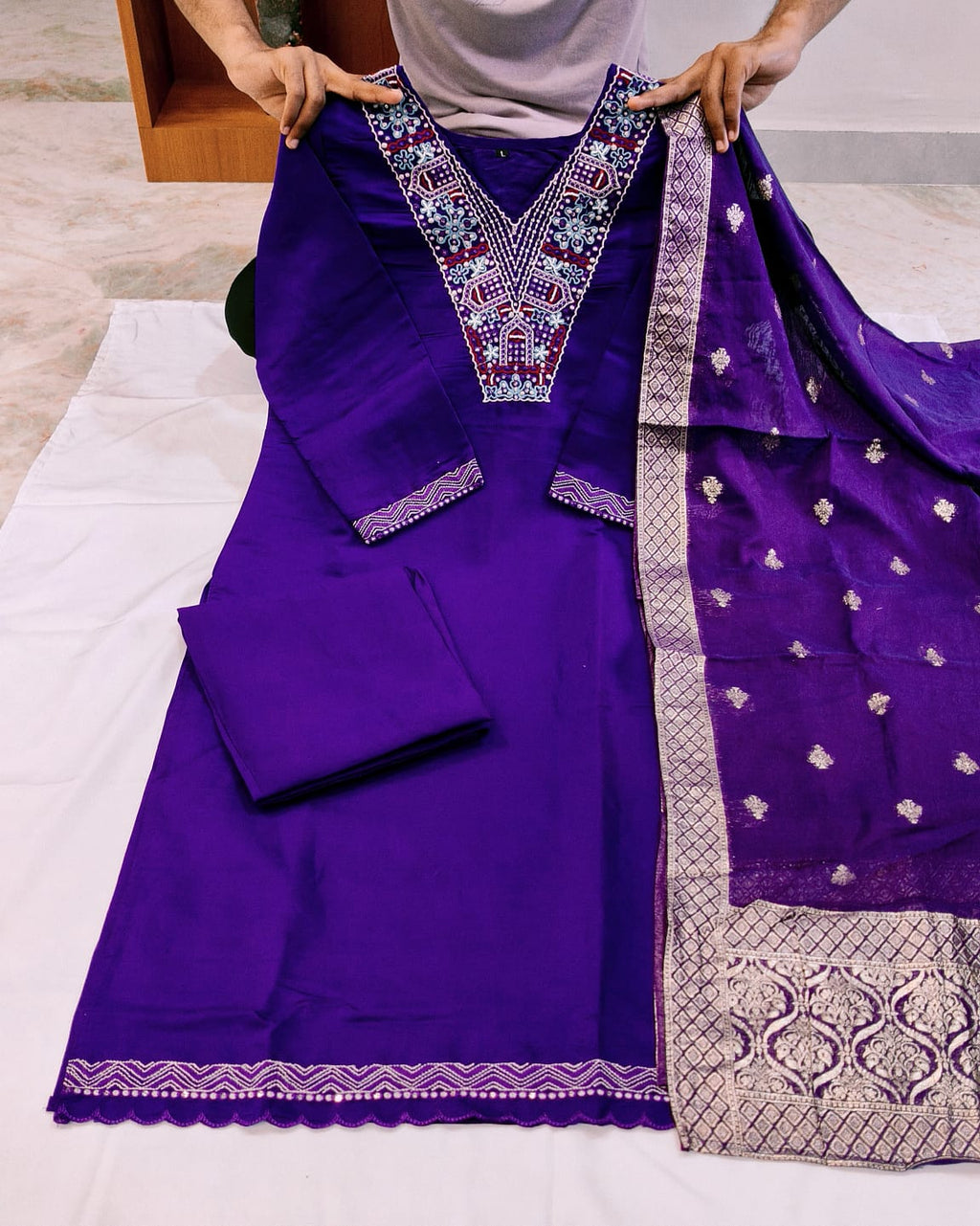 FABLOZ Women's Purple Designer Handwork Kurta Set in Roman Silk with Sequins & Thread Embroidery With Chanderi Jacquard Dupatta