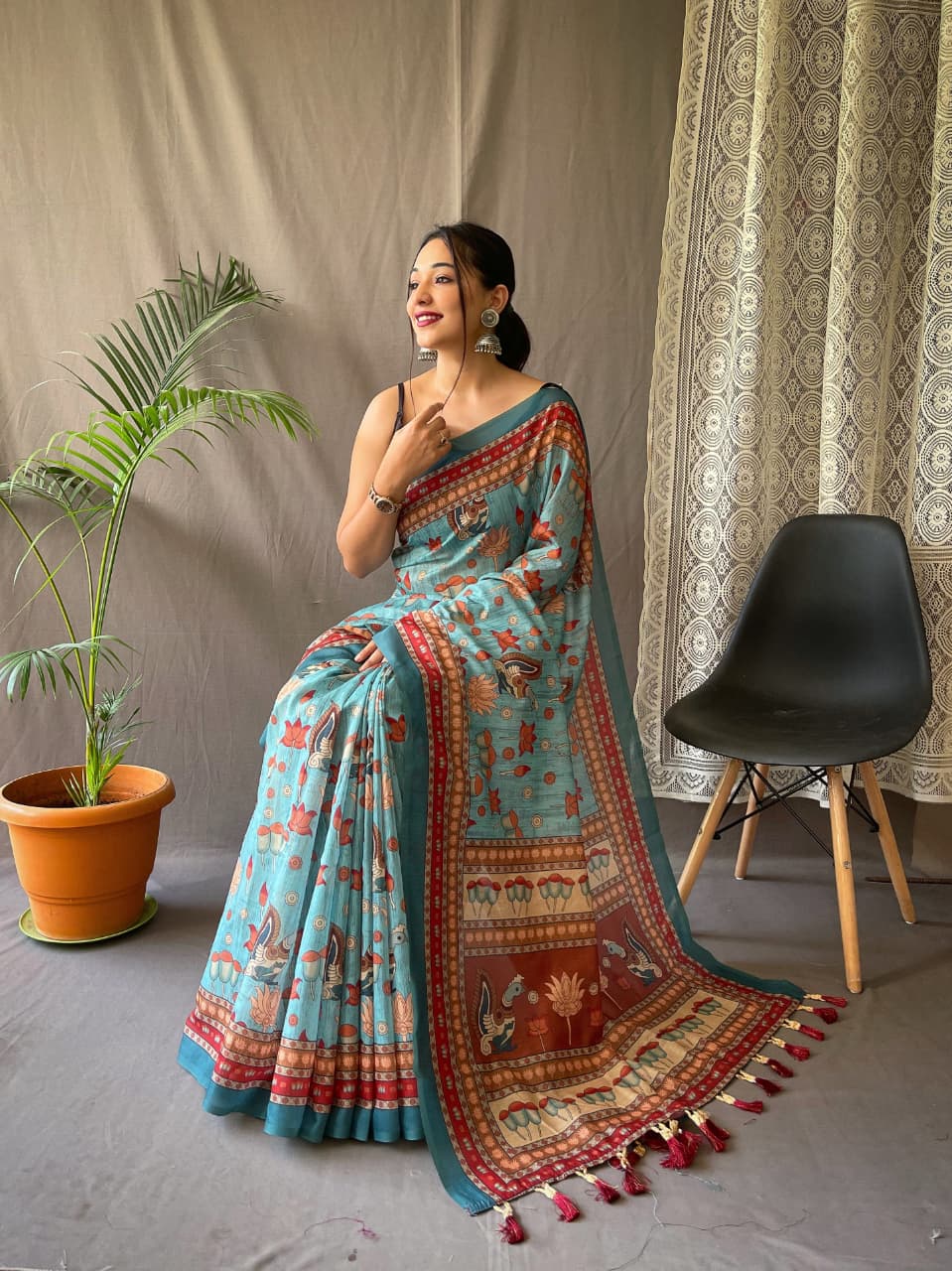 FABLOZ Women's Elegant Kalamkari Digital Print Malai Cotton Saree With Broad Border & Stylish Tassel Pallu