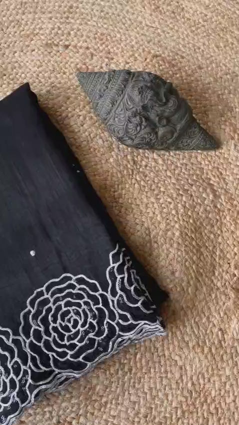 FABLOZ Women's Black Crunchy Silk Saree with White Thread Embroidery & Black Sequin Floral Work Saree with Rose Motif Blouse