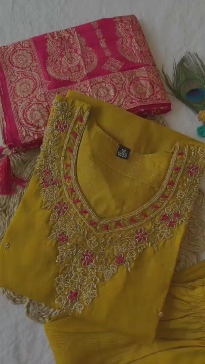 FABLOZ Elegant Yellow Roman Silk Kurta Pant with Contrasting Rani Pink Silk Dupatta