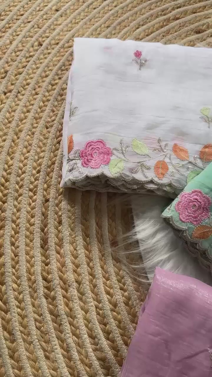 FABLOZ Women's Designer Pastel Crunchy Chiffon Lightweight Saree with Floral Threadwork with Embroidered Border & Contrast Embroidered Blouse Piece