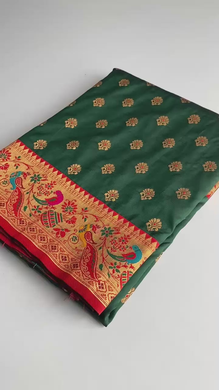 FABLOZ Designer Paithani Saree with Meenakari Motifs With Contrast Pallu and Self-Woven Blouse